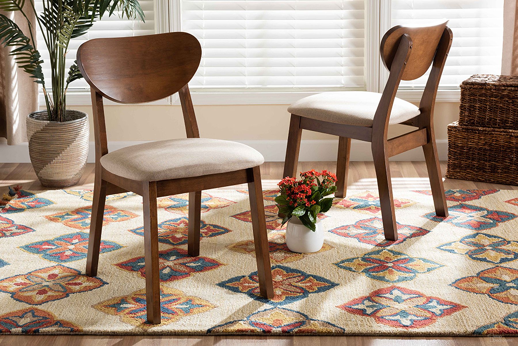 Baxton Studio Damara Mid-Century Modern Sand Fabric Upholstered And Walnut Brown Finished Wood 2-Piece Dining Chair Set