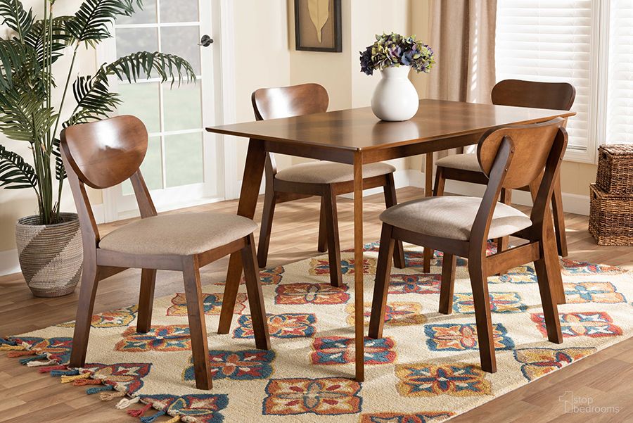 Baxton Studio Damara Mid-Century Modern Sand Fabric Upholstered And Walnut Brown Finished Wood 5-Piece Dining Set