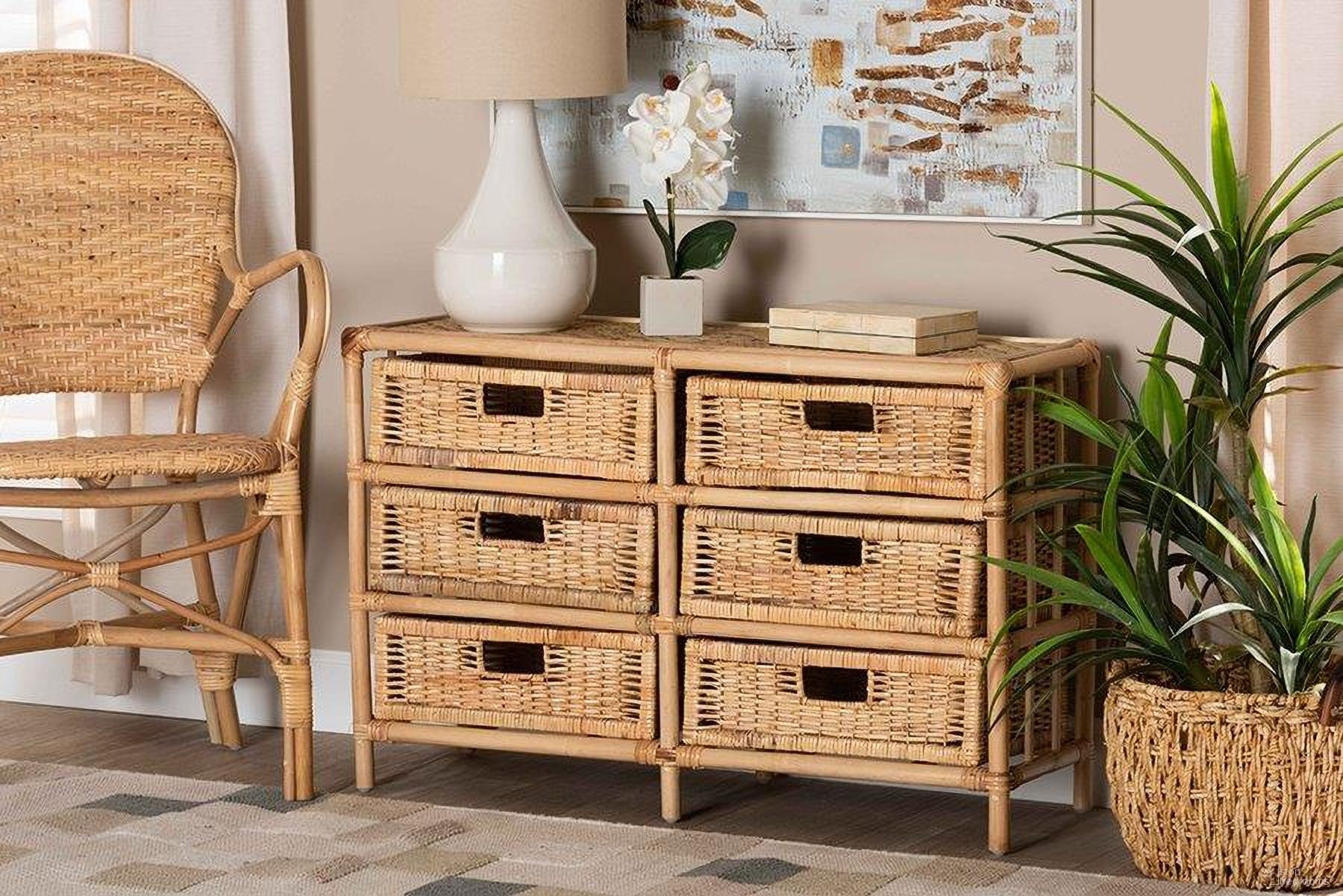 Baxton Studio Dariana Modern Bohemian Natural Brown Rattan 6-Drawer Storage Cabinet