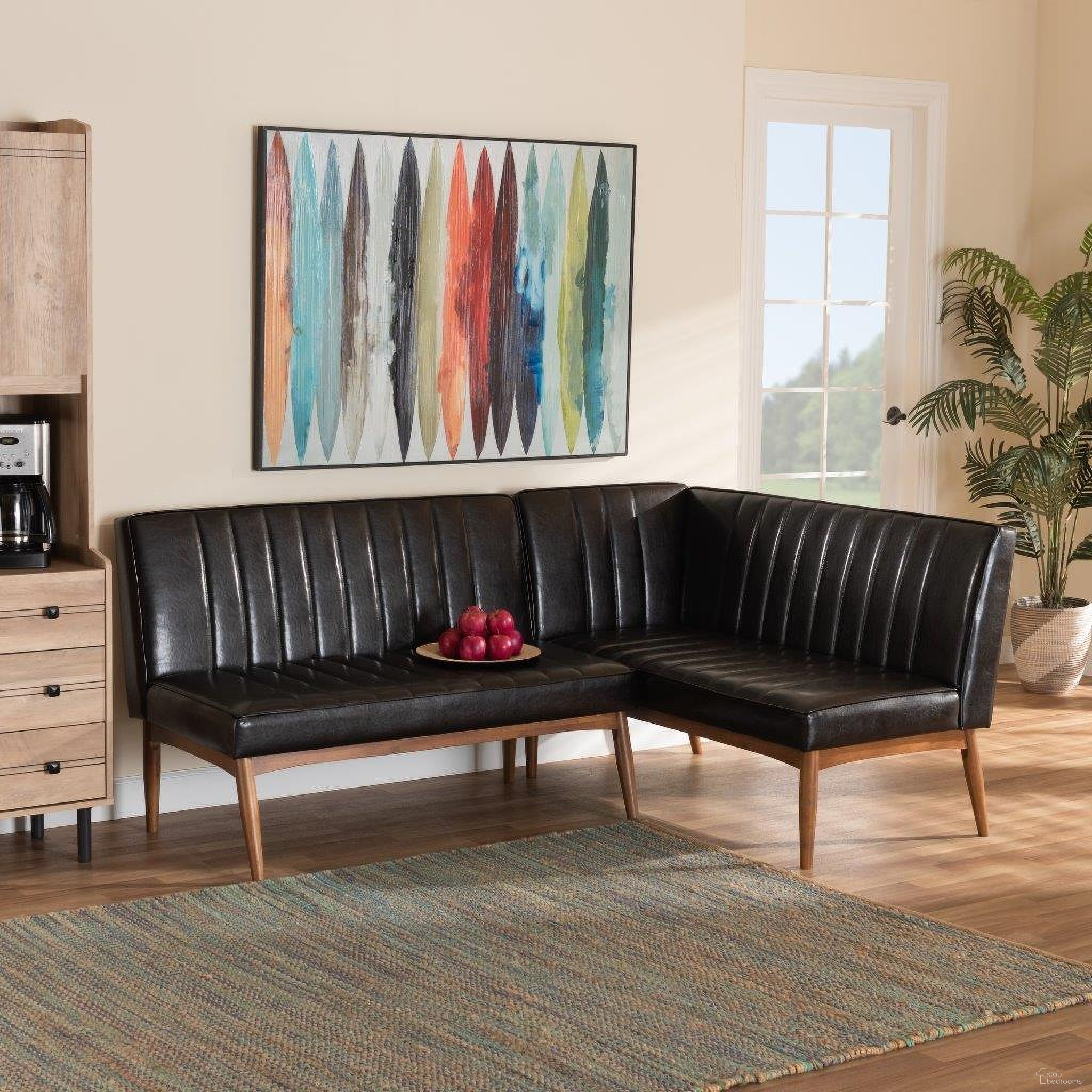 The appearance of Baxton Studio Daymond Mid-Century Modern Dark Brown Faux Leather Upholstered And Walnut Brown Finished Wood 2-Piece Dining Nook Banquette Set designed by Baxton Studio in the transitional interior design. This dark brown piece of furniture was selected by 1StopBedrooms from Daymont Collection to add a touch of cosiness and style into your home. Sku: BBT8051.12-Dark Brown/Walnut-2PC SF Bench. Material: Wood.