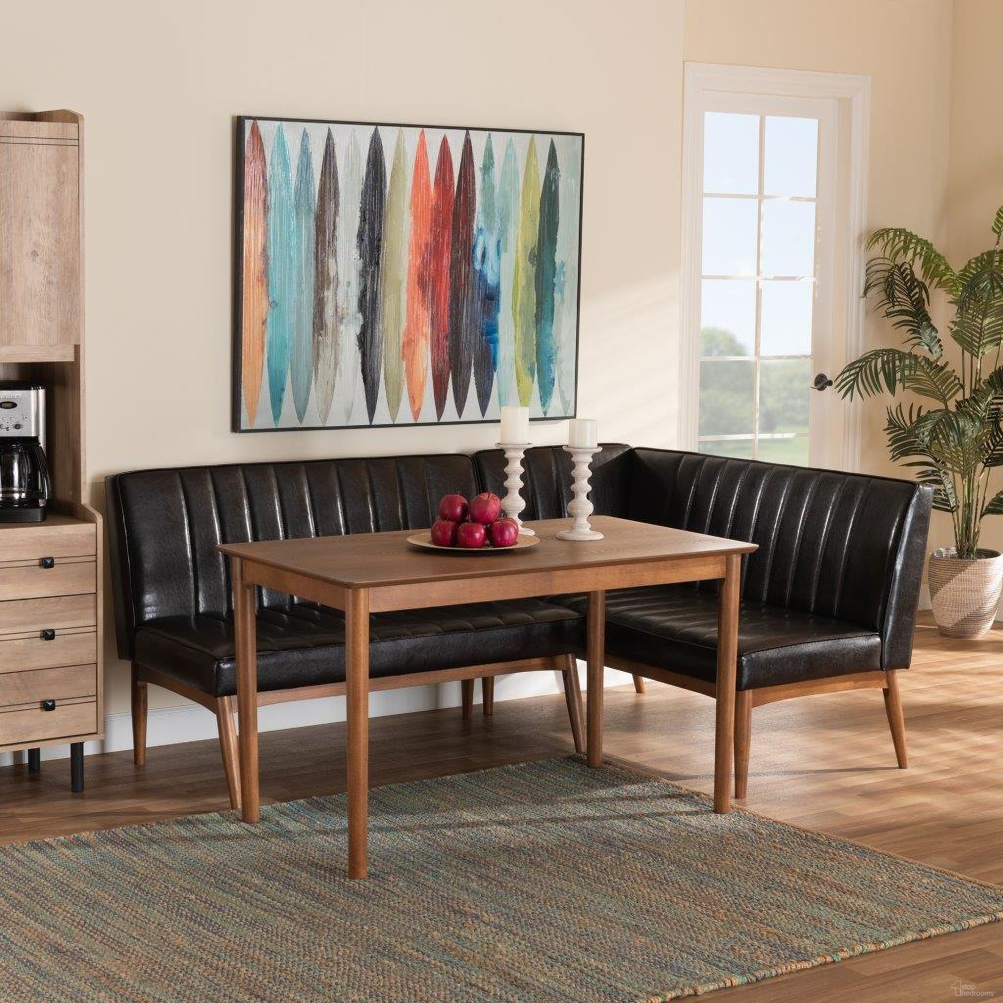 The appearance of Baxton Studio Daymond Mid-Century Modern Dark Brown Faux Leather Upholstered And Walnut Brown Finished Wood 3-Piece Dining Nook Set designed by Baxton Studio in the transitional interior design. This dark brown piece of furniture was selected by 1StopBedrooms from Daymont Collection to add a touch of cosiness and style into your home. Sku: BBT8051.12-Dark Brown/Walnut-3PC Dining Nook Set. Material: Wood.