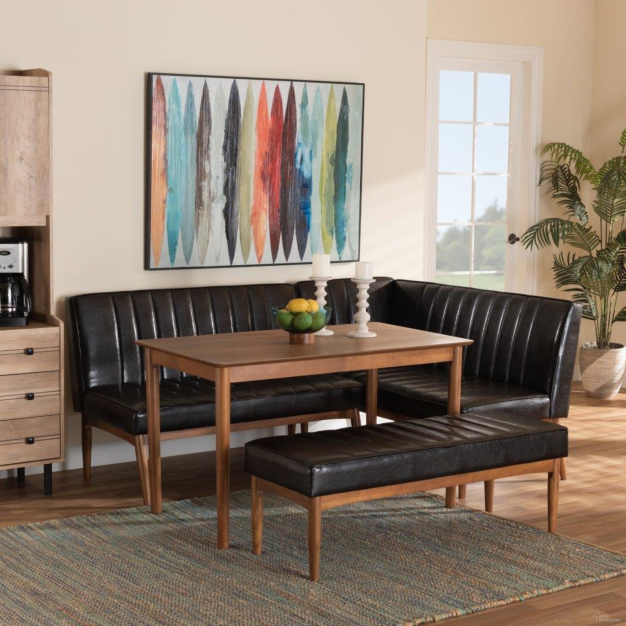 The appearance of Baxton Studio Daymond Mid-Century Modern Dark Brown Faux Leather Upholstered And Walnut Brown Finished Wood 4-Piece Dining Nook Set designed by Baxton Studio in the transitional interior design. This dark brown piece of furniture was selected by 1StopBedrooms from Daymont Collection to add a touch of cosiness and style into your home. Sku: BBT8051.12-Dark Brown/Walnut-4PC Dining Nook Set. Material: Wood.