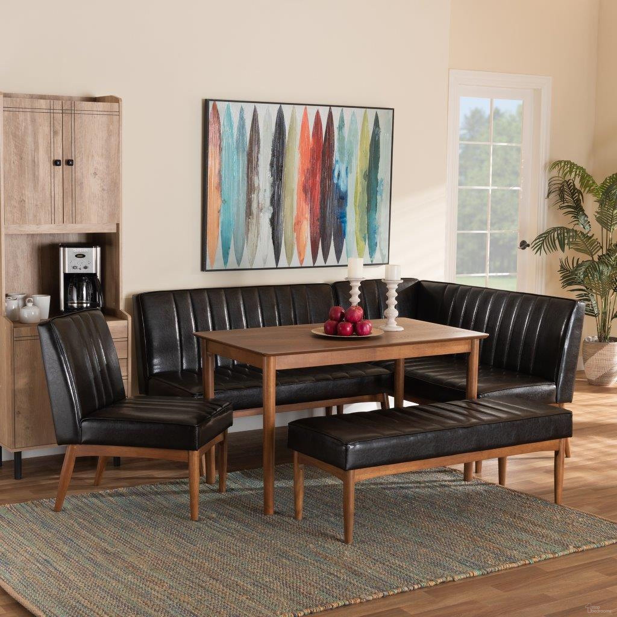 The appearance of Baxton Studio Daymond Mid-Century Modern Dark Brown Faux Leather Upholstered And Walnut Brown Finished Wood 5-Piece Dining Nook Set designed by Baxton Studio in the transitional interior design. This dark brown piece of furniture was selected by 1StopBedrooms from Daymont Collection to add a touch of cosiness and style into your home. Sku: BBT8051.12-Dark Brown/Walnut-5PC Dining Nook Set. Material: Wood.