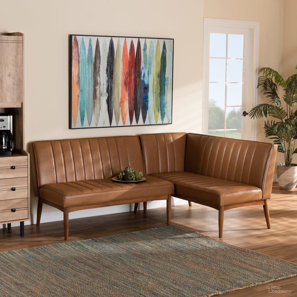 The appearance of Baxton Studio Daymond Mid-Century Modern Tan Faux Leather Upholstered And Walnut Brown Finished Wood 2-Piece Dining Nook Banquette Set designed by Baxton Studio in the transitional interior design. This tan and walnut brown piece of furniture  was selected by 1StopBedrooms from Daymont Collection to add a touch of cosiness and style into your home. Sku: BBT8051.12-Tan/Walnut-2PC SF Bench. Material: Wood.