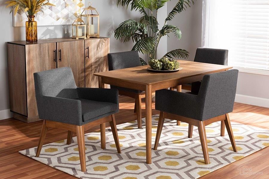 Baxton Studio Dorina Mid-Century Modern Dark Grey Fabric Upholstered and Walnut Brown Finished Wood 5-Piece Dining Set