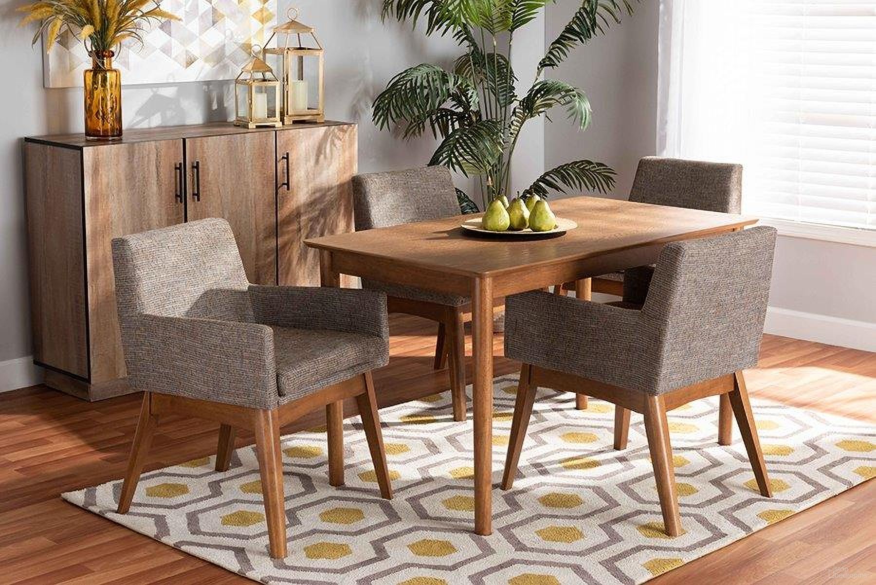 Baxton Studio Dorina Mid-Century Modern Gravel Fabric Upholstered and Walnut Brown Finished Wood 5-Piece Dining Set