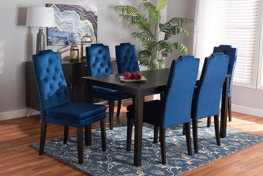 The appearance of Baxton Studio Dylin Modern and Contemporary Navy Blue Velvet Fabric Upholstered and Dark Brown Finished Wood 7-Piece Dining Set designed by Baxton Studio in the modern / contemporary interior design. This brown and blue piece of furniture was selected by 1StopBedrooms from Dylin Collection to add a touch of cosiness and style into your home. Sku: BBT5158-Navy Blue/Dark Brown-7PC Dining Set. Material: Rubberwood.