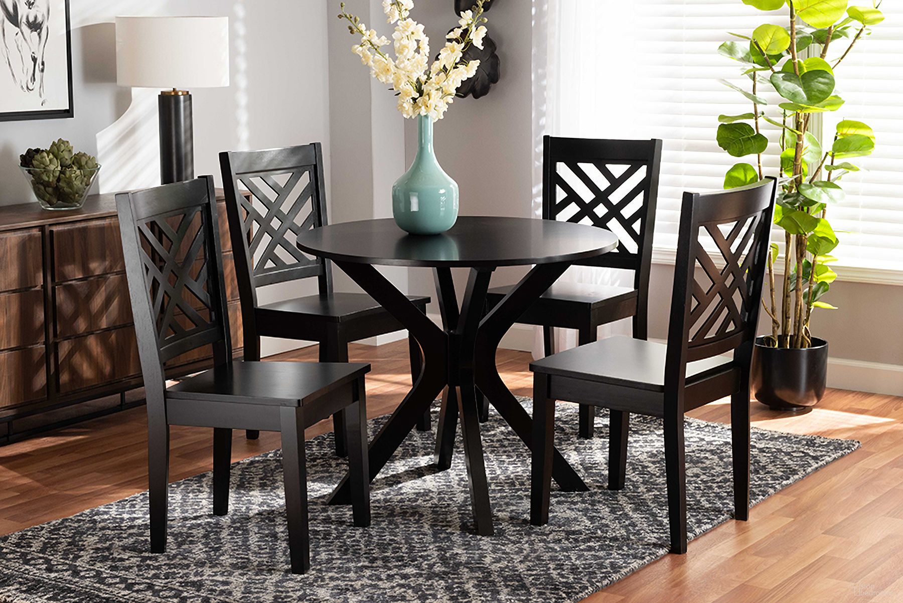 The appearance of Baxton Studio Ela Modern And Contemporary Dark Brown Finished Wood 5-Piece Dining Set designed by Baxton Studio in the modern / contemporary interior design. This dark brown piece of furniture  was selected by 1StopBedrooms from Ela Collection to add a touch of cosiness and style into your home. Sku: Ela-Dark Brown-5PC Dining Set. Material: Oak.