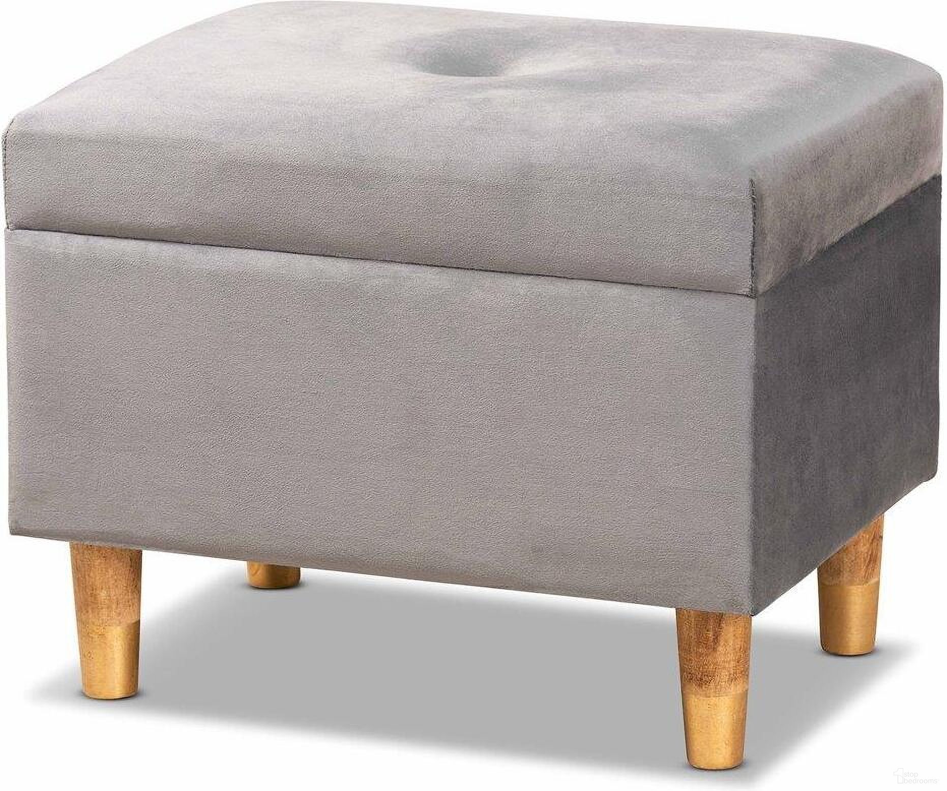 The appearance of Baxton Studio Elias Modern And Contemporary Grey Velvet Fabric Upholstered And Oak Brown Finished Wood Storage Ottoman designed by Baxton Studio in the modern / contemporary interior design. This grey and oak piece of furniture was selected by 1StopBedrooms from Elias Collection to add a touch of cosiness and style into your home. Sku: JY20A250-Grey Velvet-Otto. Material: Velvet.