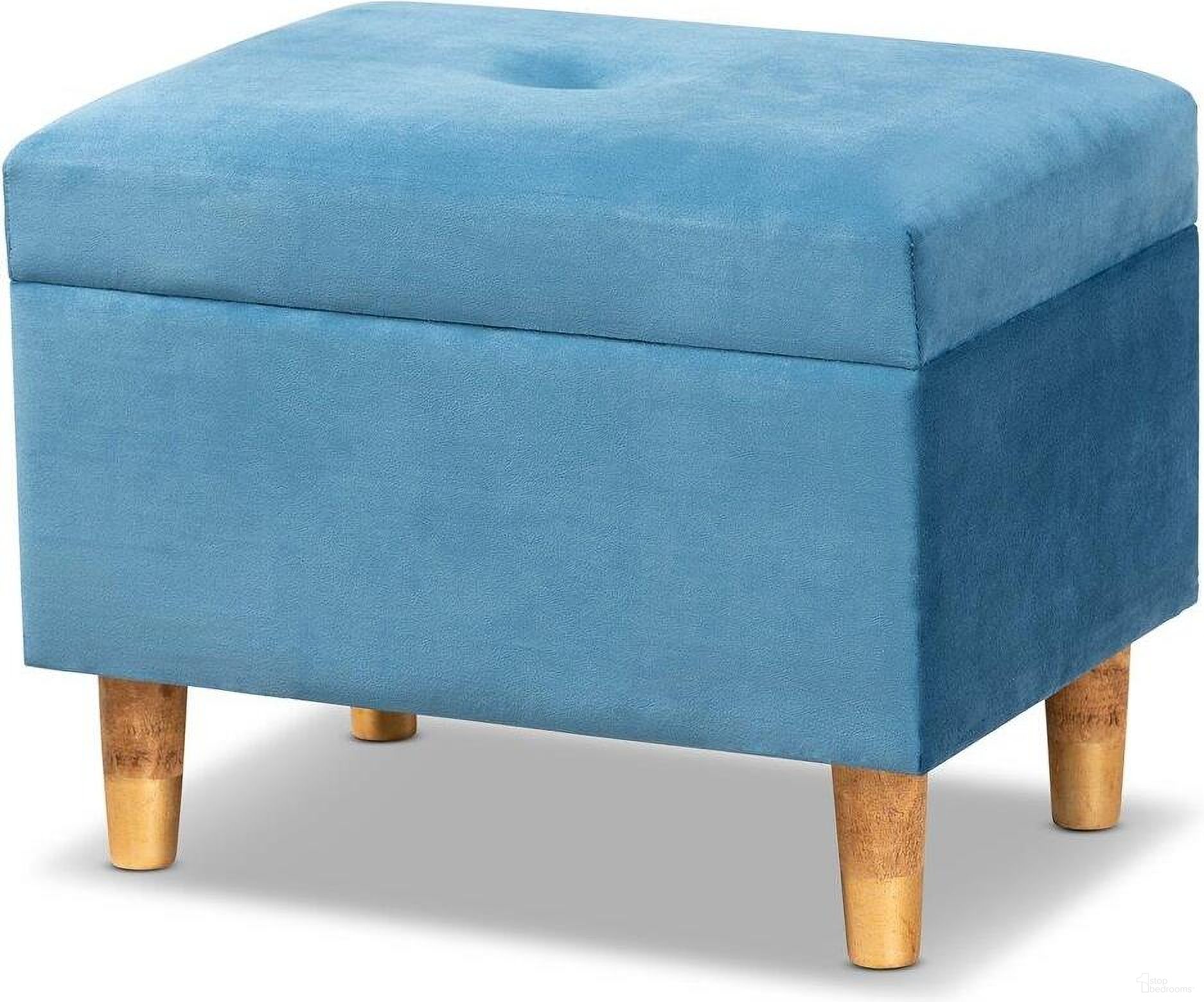 The appearance of Baxton Studio Elias Modern And Contemporary Sky Blue Velvet Fabric Upholstered And Oak Brown Finished Wood Storage Ottoman designed by Baxton Studio in the modern / contemporary interior design. This blue piece of furniture was selected by 1StopBedrooms from Elias Collection to add a touch of cosiness and style into your home. Sku: JY20A250-Sky Blue Velvet-Otto. Material: Velvet.
