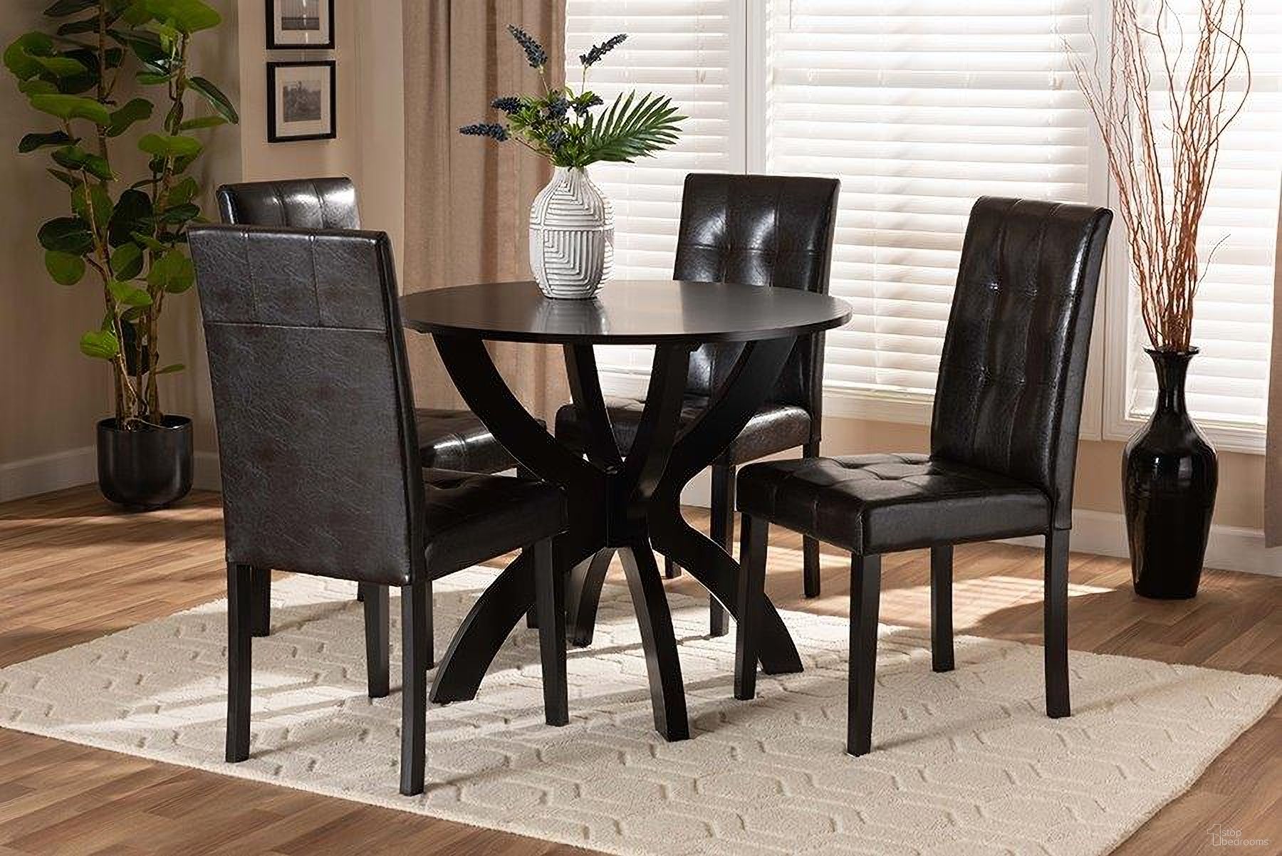 The appearance of Elira Modern and Contemporary Dark Brown Faux Leather Upholstered and Wood 5-Piece Dining Set designed by Baxton Studio in the modern / contemporary interior design. This dark brown piece of furniture was selected by 1StopBedrooms from Elira Collection to add a touch of cosiness and style into your home. Sku: Elira-Dark Brown-5PC Dining Set. Material: Faux Leather.