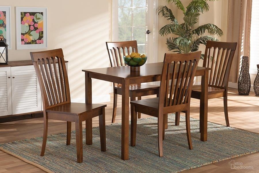 The appearance of Baxton Studio Erion Modern and Contemporary Walnut Brown Finished Wood 5-Piece Dining Set designed by Baxton Studio in the modern / contemporary interior design. This walnut brown piece of furniture was selected by 1StopBedrooms from Erion Collection to add a touch of cosiness and style into your home. Sku: Erion-Walnut-5PC Dining Set. Material: Wood.