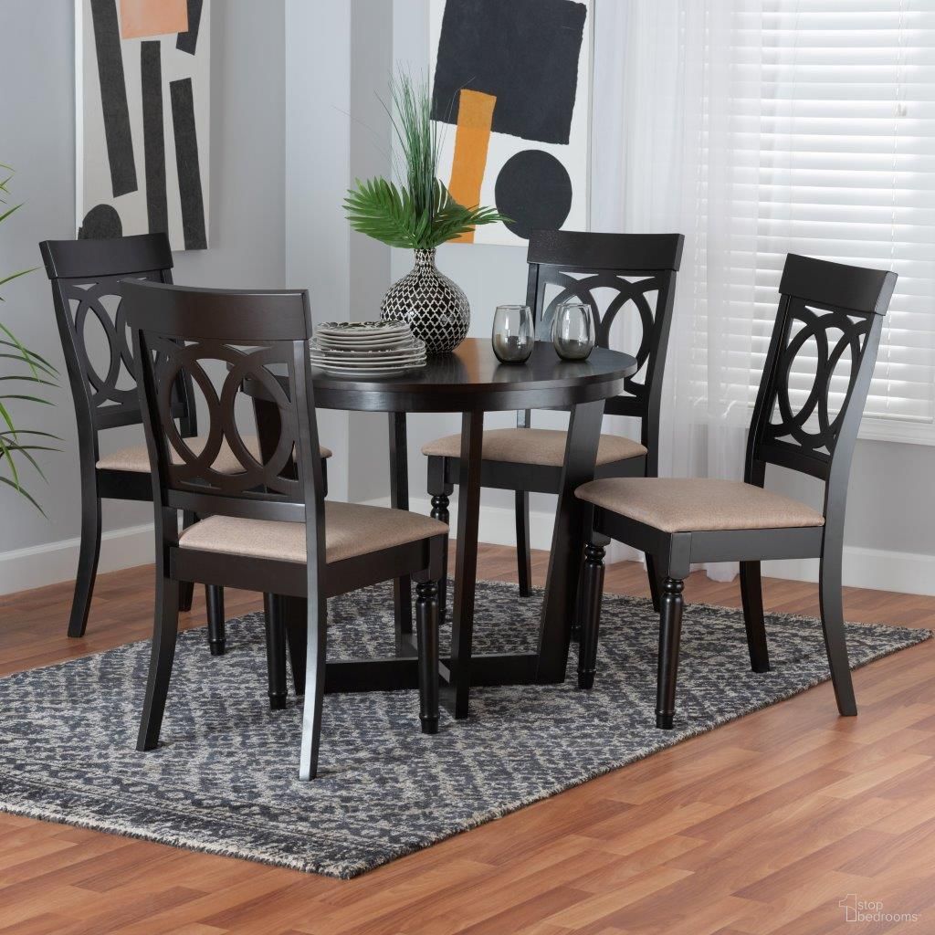 The appearance of Baxton Studio Estelle Modern Beige Fabric and Dark Brown Finished Wood 5 Piece Dining Set designed by Baxton Studio in the modern / contemporary interior design. This beige brown piece of furniture was selected by 1StopBedrooms from Estelle Collection to add a touch of cosiness and style into your home. Sku: Estelle-Sand/Dark Brown-5PC Dining Set. Material: Rubberwood.
