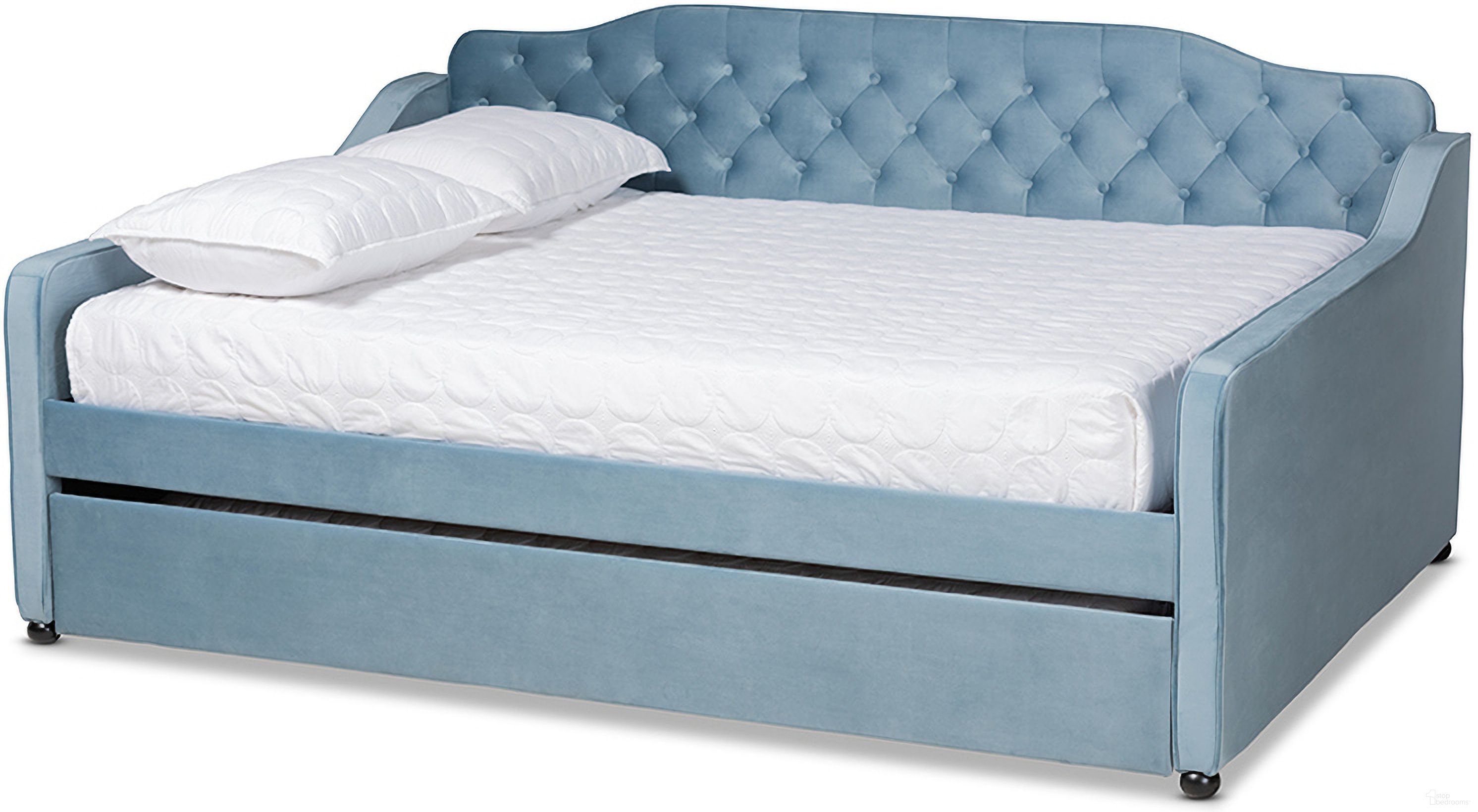 The appearance of Baxton Studio Freda Transitional and Contemporary Light Blue Velvet Fabric Upholstered and Button Tufted Full Size Daybed with Trundle designed by Baxton Studio in the transitional interior design. This light blue piece of furniture was selected by 1StopBedrooms from Freda Collection to add a touch of cosiness and style into your home. Sku: Freda-Light Blue Velvet-Daybed-F/T. Bed Type: Daybed. Material: Polyester. Bed Size: Full.