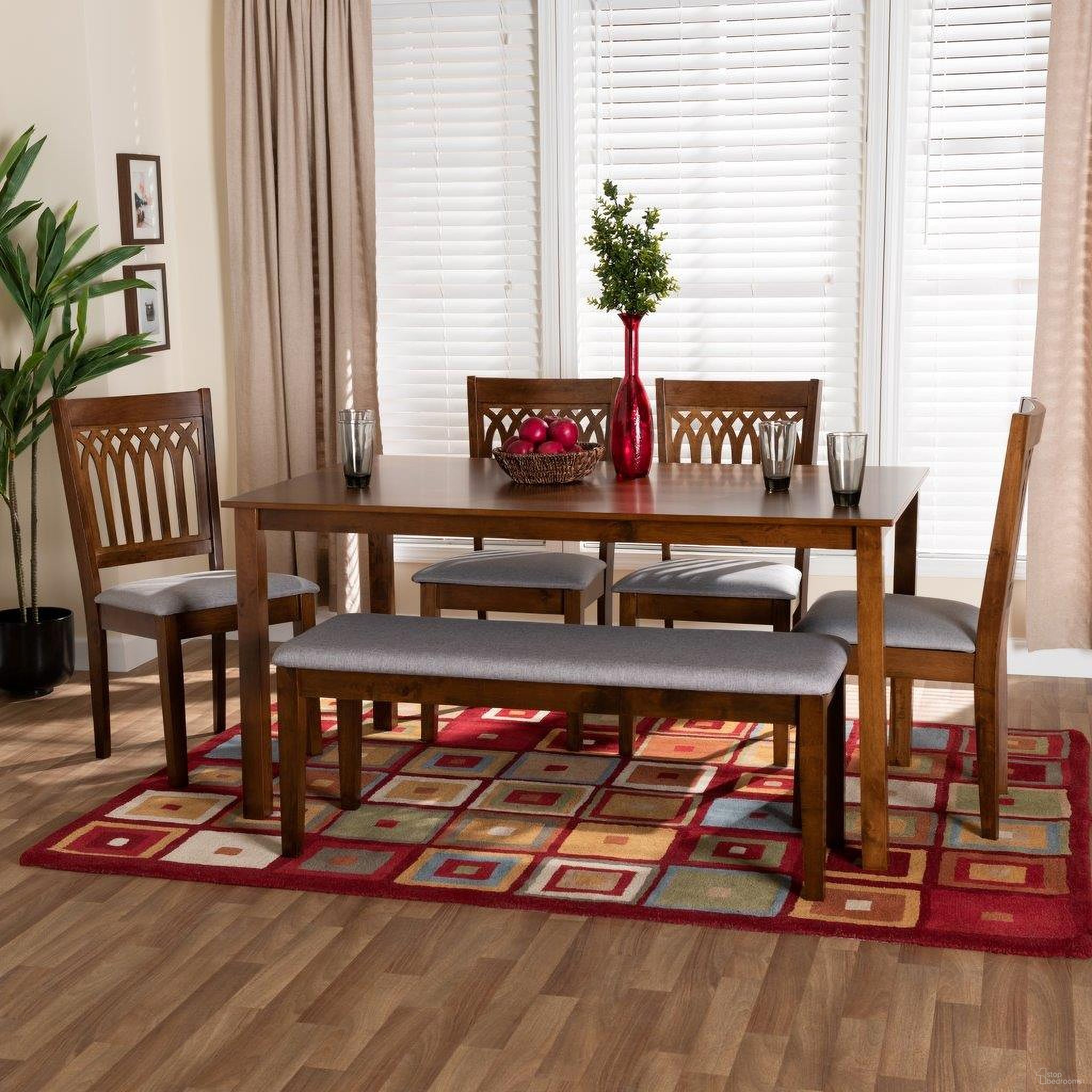 The appearance of Baxton Studio Genesis Modern Grey Fabric and Walnut Brown Finished Wood 6 Piece Dining Set designed by Baxton Studio in the modern / contemporary interior design. This grey/brown piece of furniture  was selected by 1StopBedrooms from Genesis Collection to add a touch of cosiness and style into your home. Sku: RH389C-Grey/Walnut-6PC Dining Set. Material: MDF.