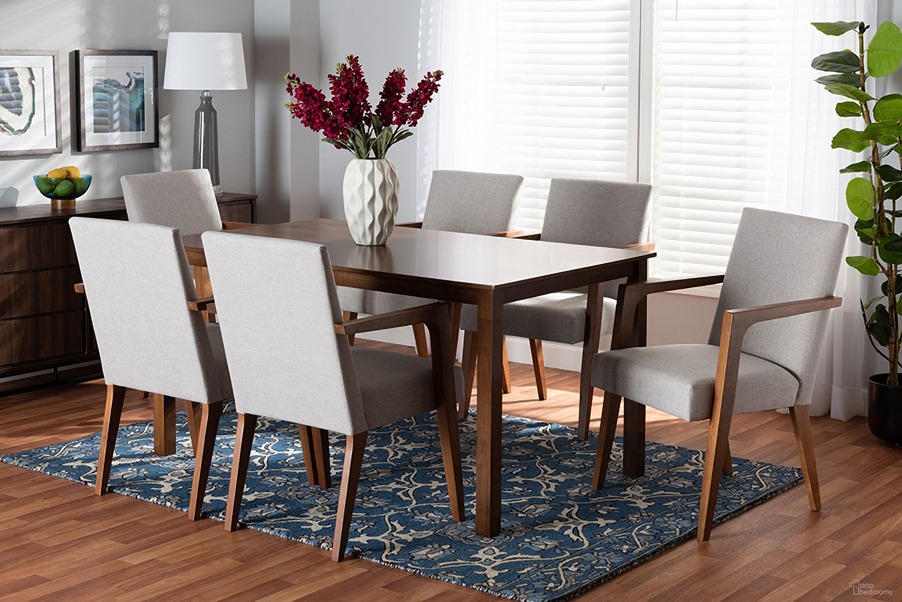 Baxton Studio Glenda Mid-Century Modern Greyish Beige Fabric Upholstered And Walnut Brown Finished Wood 7-Piece Dining Set