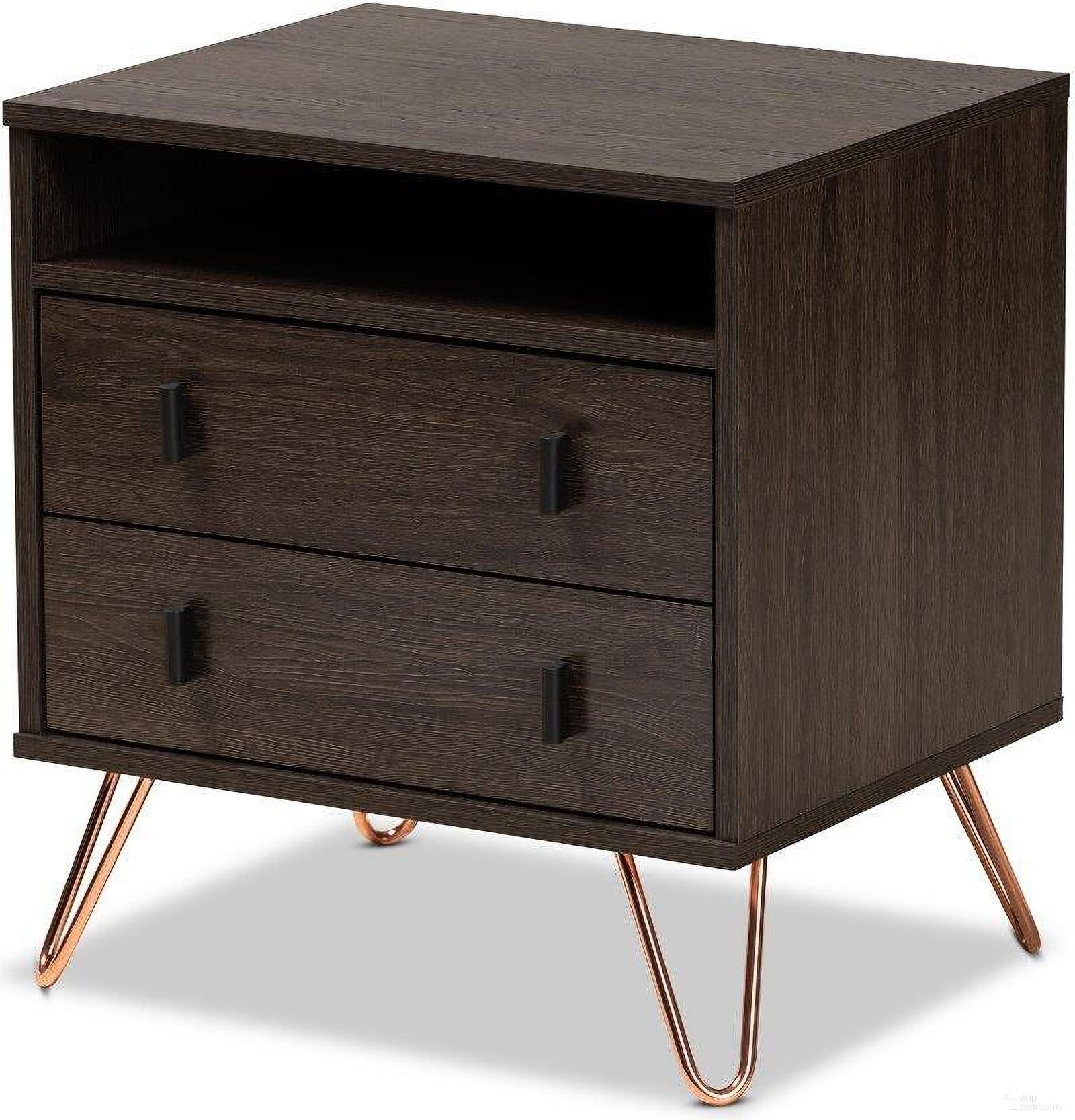 The appearance of Glover Modern And Contemporary Dark Brown Wood And Rose Gold Tone Finished Metal 2 Drawer Nightstand designed by Baxton Studio in the modern / contemporary interior design. This dark brown piece of furniture was selected by 1StopBedrooms from Glover Collection to add a touch of cosiness and style into your home. Sku: NS8016-Dark Brown-NS. Material: MDF.