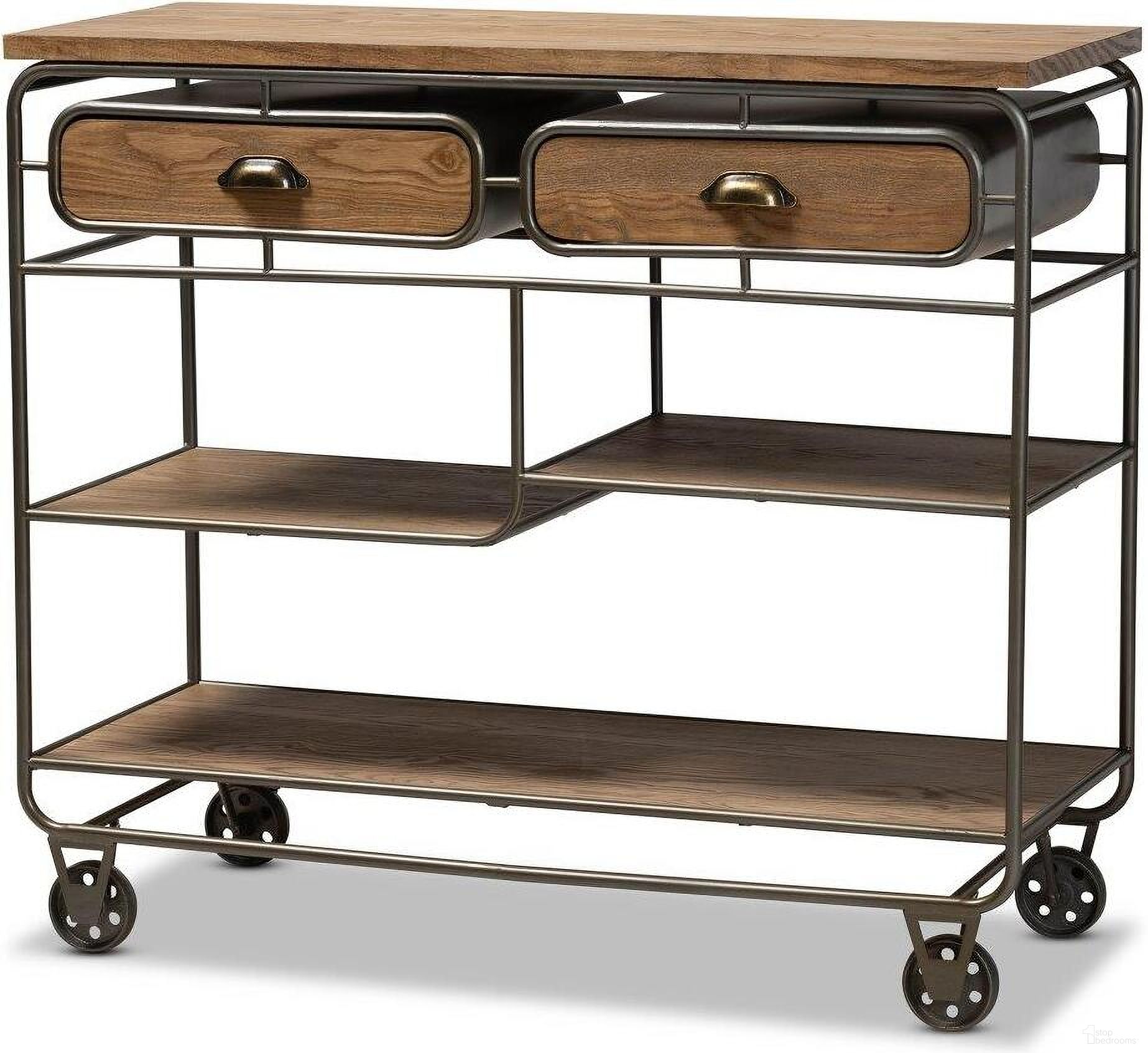 Grant Vintage Rustic Industrial Oak Brown Wood And Black Finished Metal 2 Drawer Kitchen Cart