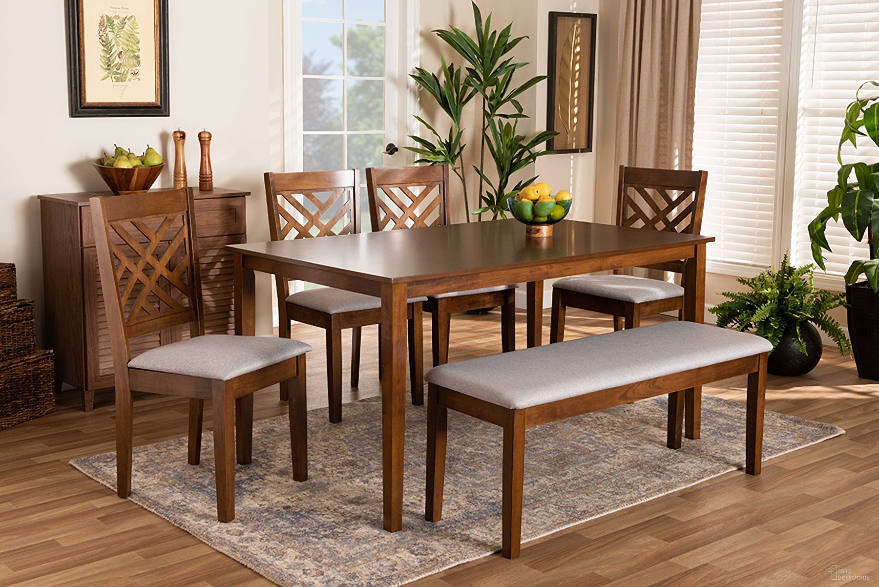 Baxton Studio Gustavo Modern and Contemporary Grey Fabric Upholstered and Walnut Brown Finished Wood 6-Piece Dining Set
