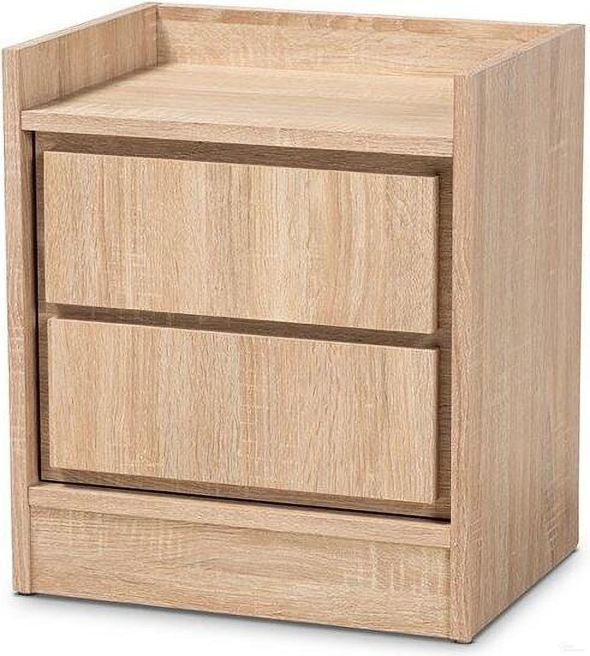 The appearance of Baxton Studio Hale Modern and Contemporary Oak Finished Wood 2-Drawer Nightstand designed by Baxton Studio in the modern / contemporary interior design. This oak brown piece of furniture was selected by 1StopBedrooms from Hale Collection to add a touch of cosiness and style into your home. Sku: ET8003-Oak-NS. Material: MDF.