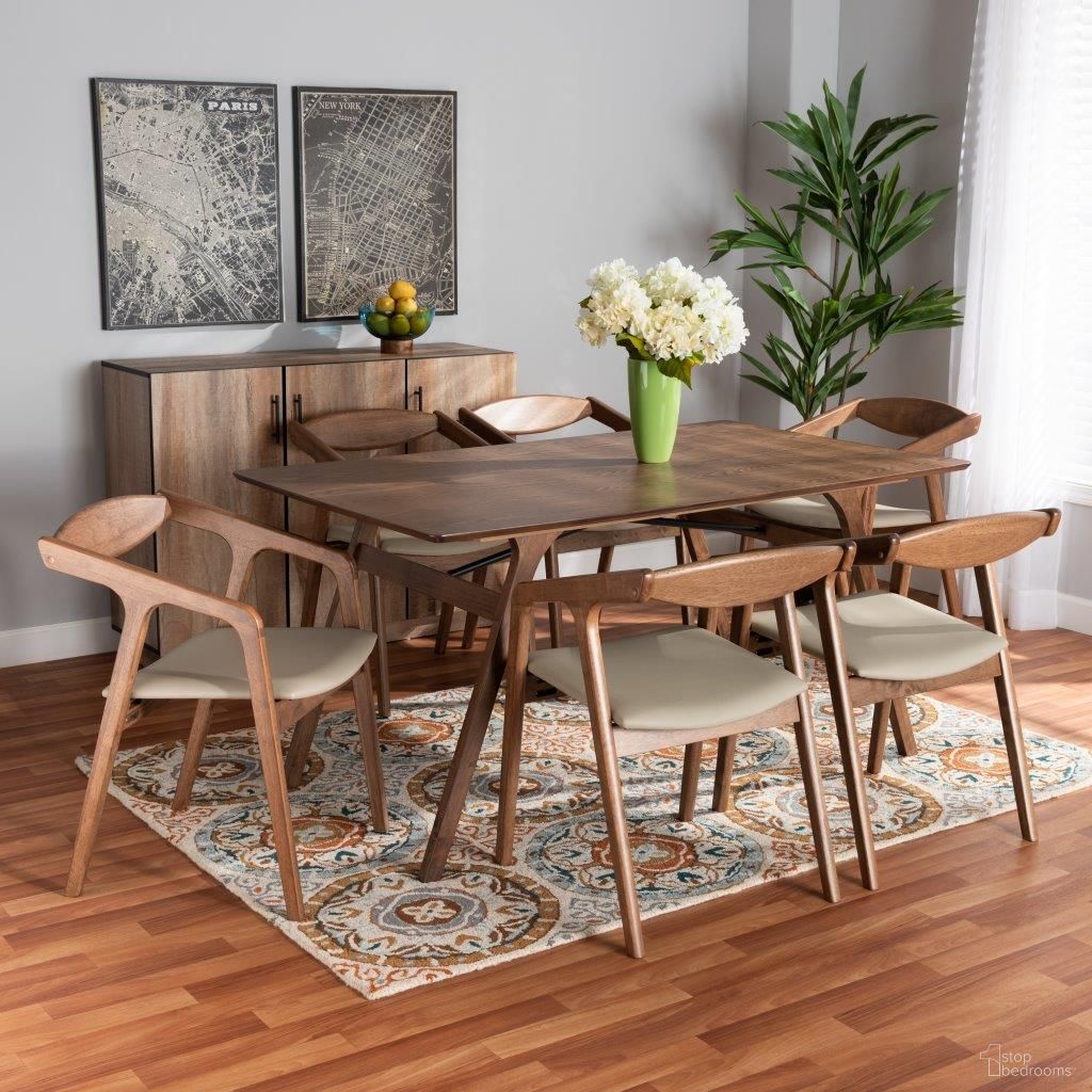 The appearance of Baxton Studio Harland Mid-Century Modern Grey Faux Leather Upholstered and Walnut Brown Finished Wood 7-Piece Dining Set designed by Baxton Studio in the transitional interior design. This grey and walnut piece of furniture was selected by 1StopBedrooms from Harland Collection to add a touch of cosiness and style into your home. Sku: RDC809B-AC-Steel/Walnut-7PC Dining Set. Material: Faux Leather.