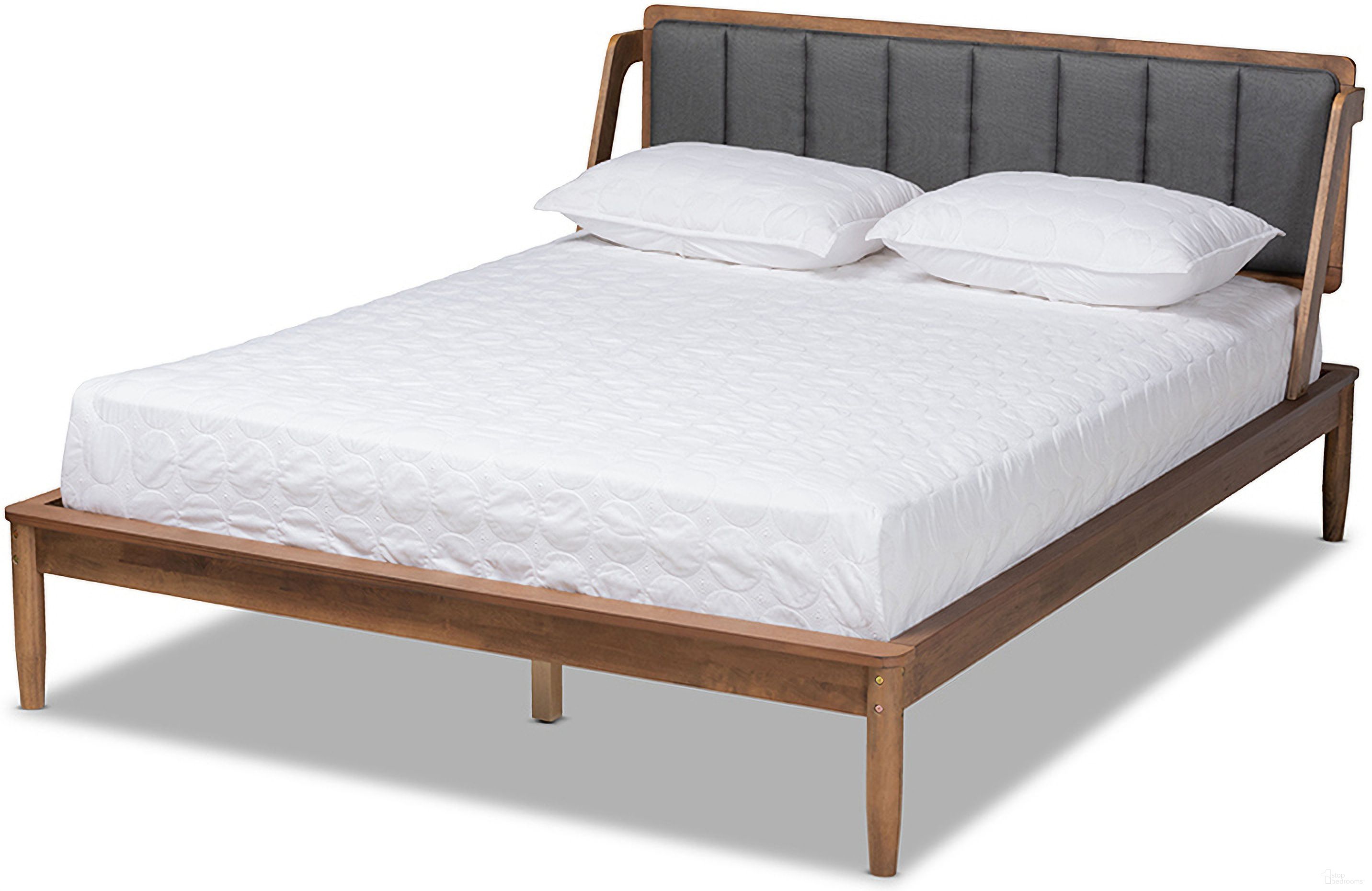 Baxton Studio Helsa Mid-Century Modern Dark Grey Fabric Upholstered and Walnut Finished Full Size Platform Bed