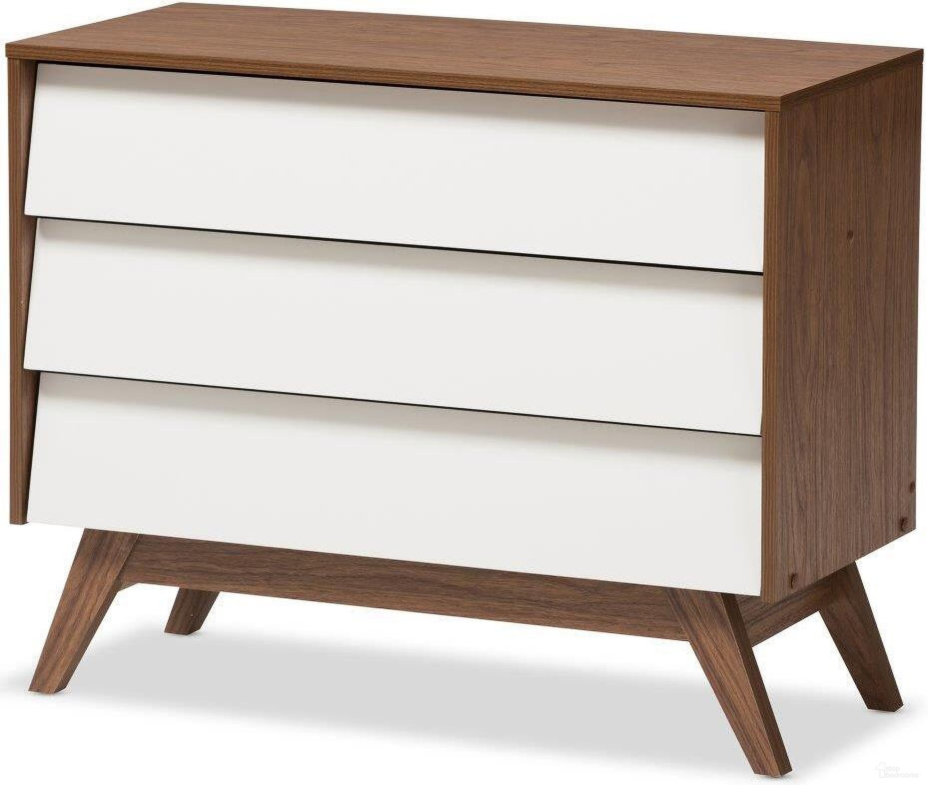 The appearance of Baxton Studio Hildon Mid-Century Modern White And Walnut Wood 3-Drawer Storage Chest designed by Baxton Studio in the transitional interior design. This walnut piece of furniture was selected by 1StopBedrooms from Hildon Collection to add a touch of cosiness and style into your home. Sku: Hildon 3DW-Walnut/White-Chest. Material: MDF.