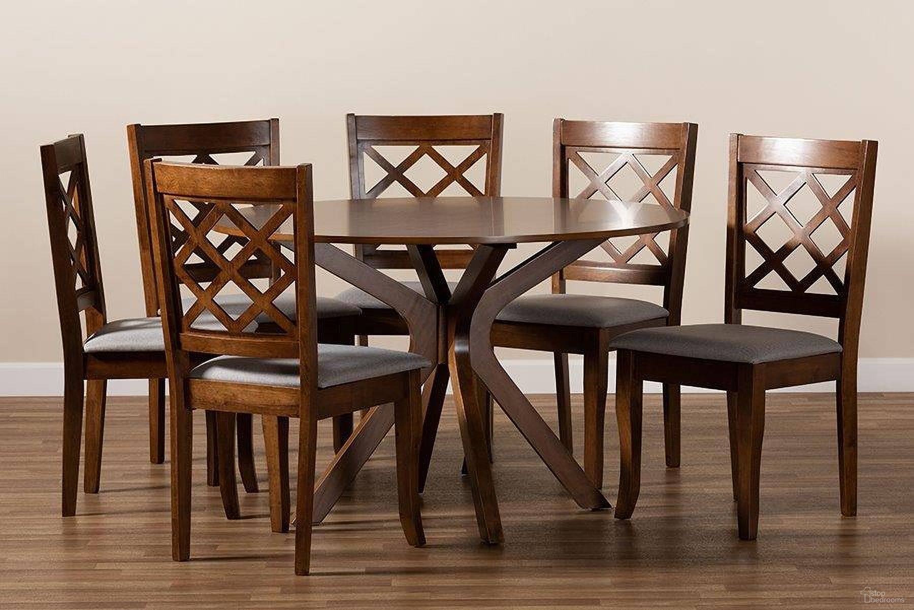 The appearance of Baxton Studio Jana Modern and Contemporary Grey Fabric Upholstered and Walnut Brown Finished Wood 7-Piece Dining Set designed by Baxton Studio in the modern / contemporary interior design. This grey and walnut piece of furniture was selected by 1StopBedrooms from Jana Collection to add a touch of cosiness and style into your home. Sku: Jana-Grey/Walnut-7PC Dining Set. Material: Wood.