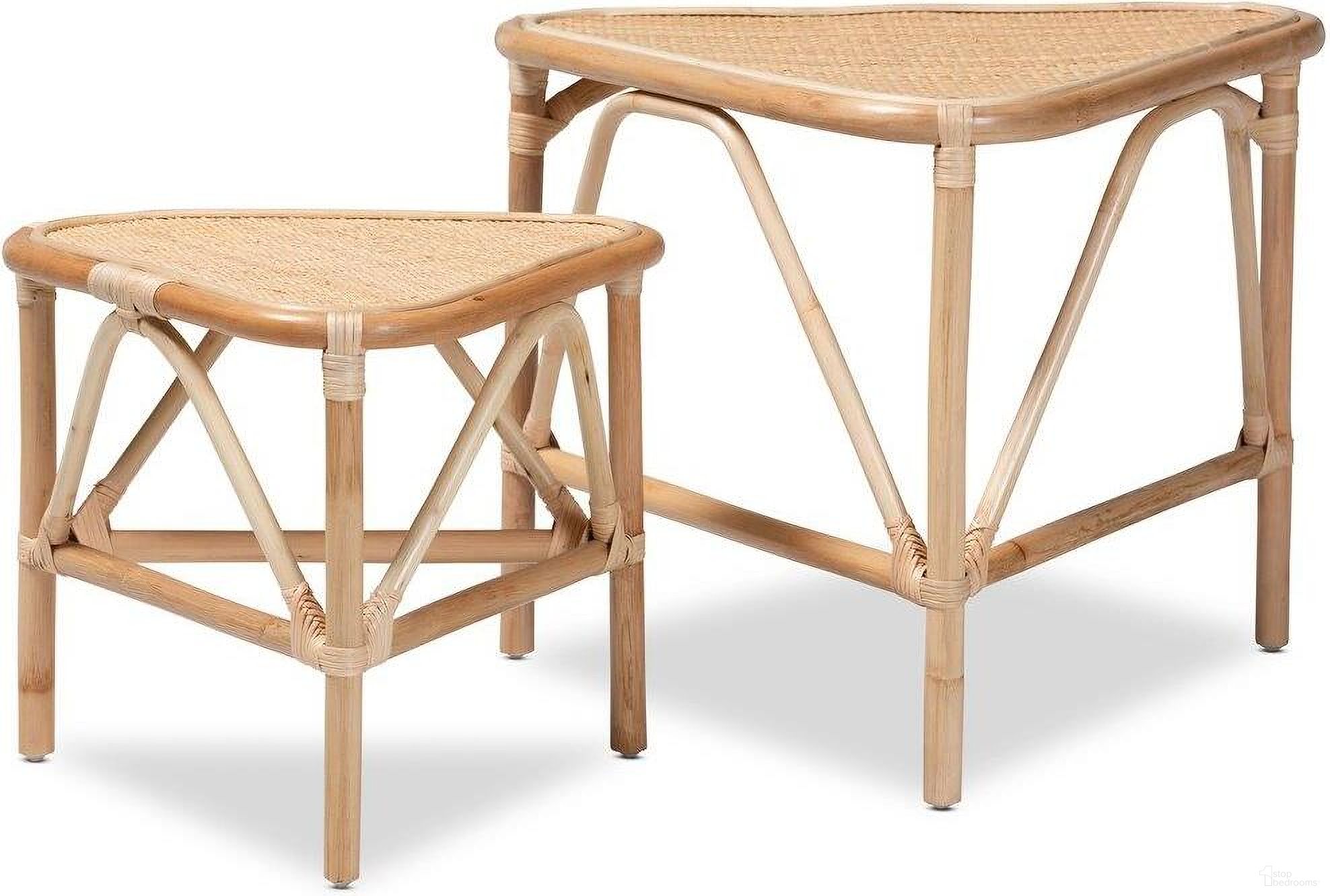 The appearance of Baxton Studio Jayden Modern Bohemian Natural Brown Finished Rattan 2-Piece End Table Set designed by Baxton Studio in the coastal interior design. This natural brown piece of furniture was selected by 1StopBedrooms from Jayden Collection to add a touch of cosiness and style into your home. Sku: Jayden-Rattan-ET Set. Material: Wood.