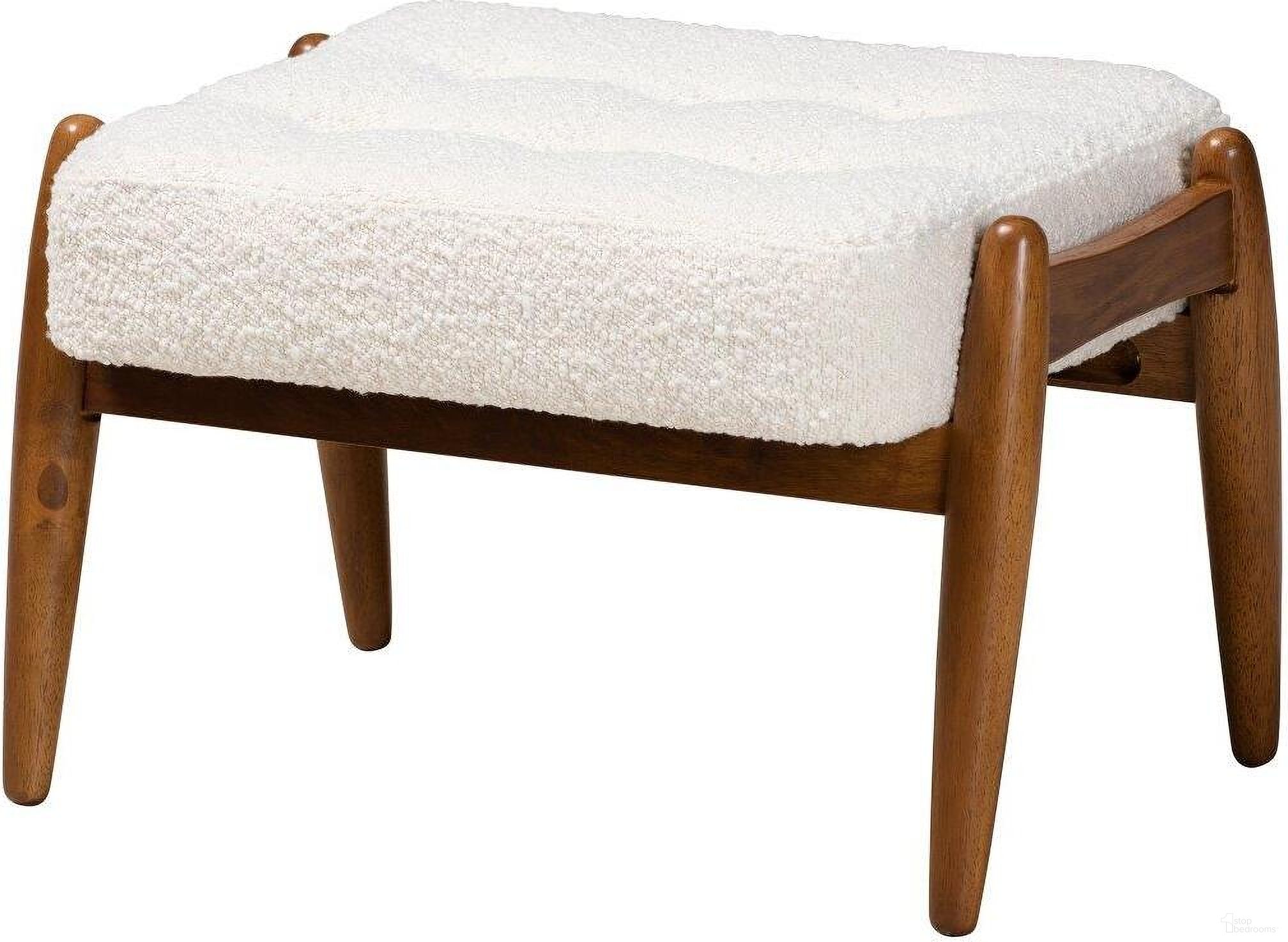 The appearance of Baxton Studio Jeanine Japandi Cream Boucle Fabric and Walnut Brown Finished Rubberwood Ottoman Footstool designed by Baxton Studio in the transitional interior design. This white/brown piece of furniture was selected by 1StopBedrooms from Jeanine Collection to add a touch of cosiness and style into your home. Sku: BBT5455-Maya-Cream/Walnut-Stool. Material: Boucle.