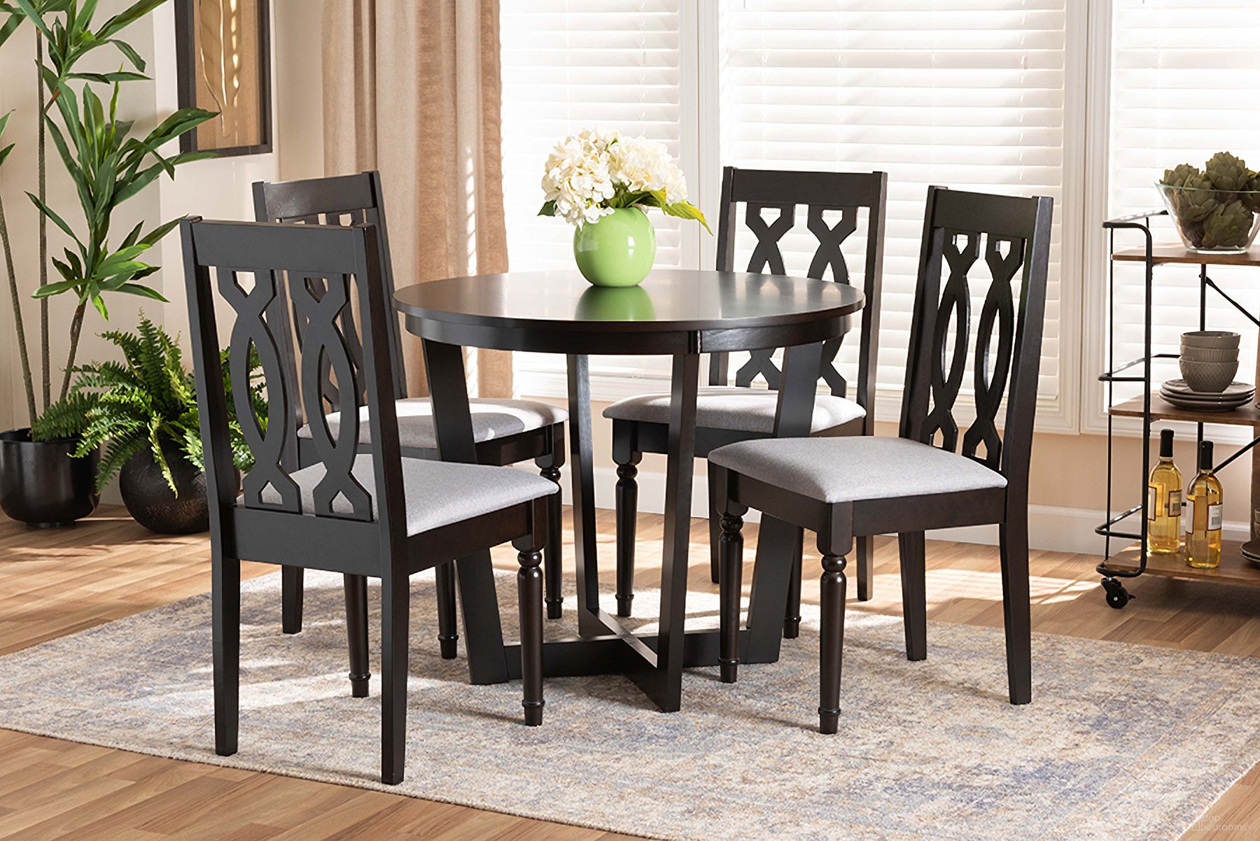 The appearance of Baxton Studio Julie Modern and Contemporary Grey Fabric Upholstered and Dark Brown Finished Wood 5-Piece Dining Set designed by Baxton Studio in the modern / contemporary interior design. This grey and dark brown piece of furniture  was selected by 1StopBedrooms from Julie Collection to add a touch of cosiness and style into your home. Sku: Julie-Grey/Dark Brown-5PC Dining Set. Material: Polyester.
