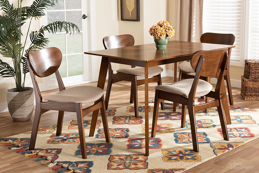 Baxton Studio Katya Mid-Century Modern Sand Fabric Upholstered And Walnut Brown Finished Wood 5-Piece Dining Set