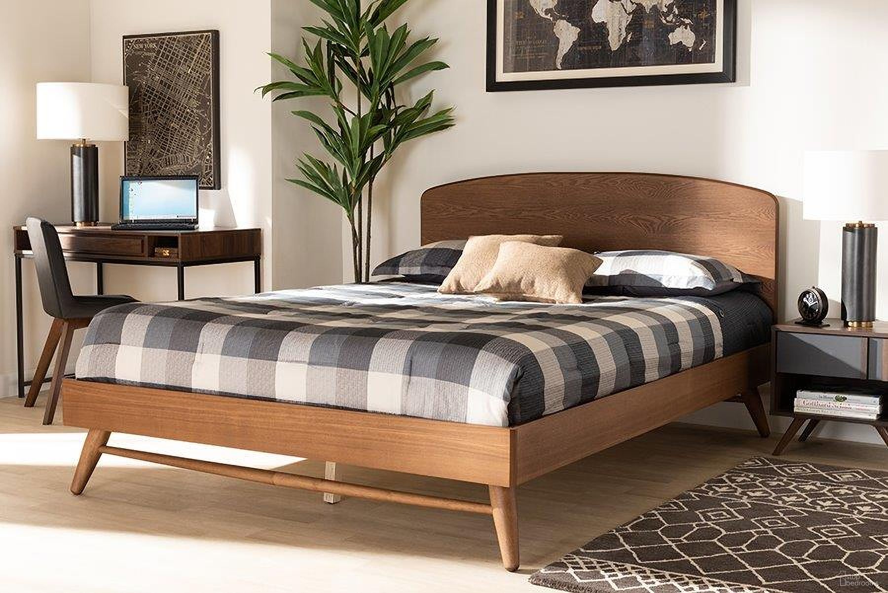Baxton Studio Keagan Mid-Century Modern Transitional Walnut Brown Finished Wood Queen Size Platform Bed