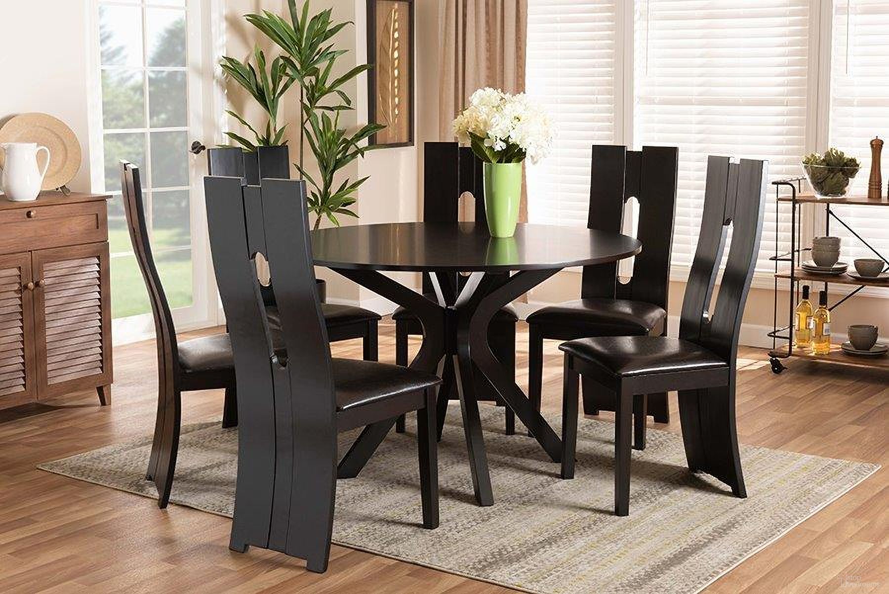 The appearance of Kenyon Modern and Contemporary Dark Brown Faux Leather Upholstered and Wood 7-Piece Dining Set designed by Baxton Studio in the modern / contemporary interior design. This dark brown and espresso brown piece of furniture was selected by 1StopBedrooms from Kenyon Collection to add a touch of cosiness and style into your home. Sku: Kenyon-Dark Brown-7PC Dining Set. Material: Faux Leather.
