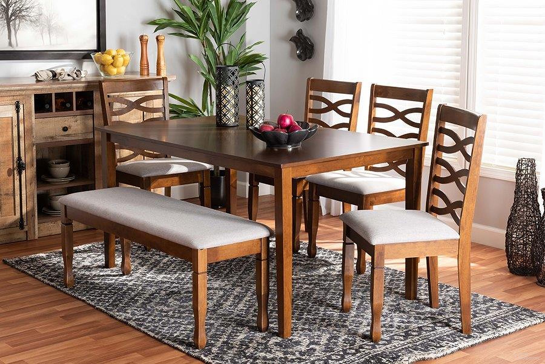 The appearance of Baxton Studio Lanier Modern and Contemporary Grey Fabric Upholstered and Walnut Brown Finished Wood 6-Piece Dining Set designed by Baxton Studio in the modern / contemporary interior design. This grey and walnut piece of furniture  was selected by 1StopBedrooms from Lanier Collection to add a touch of cosiness and style into your home. Sku: RH318C-Grey/Walnut-6PC Dining Set. Material: Wood.