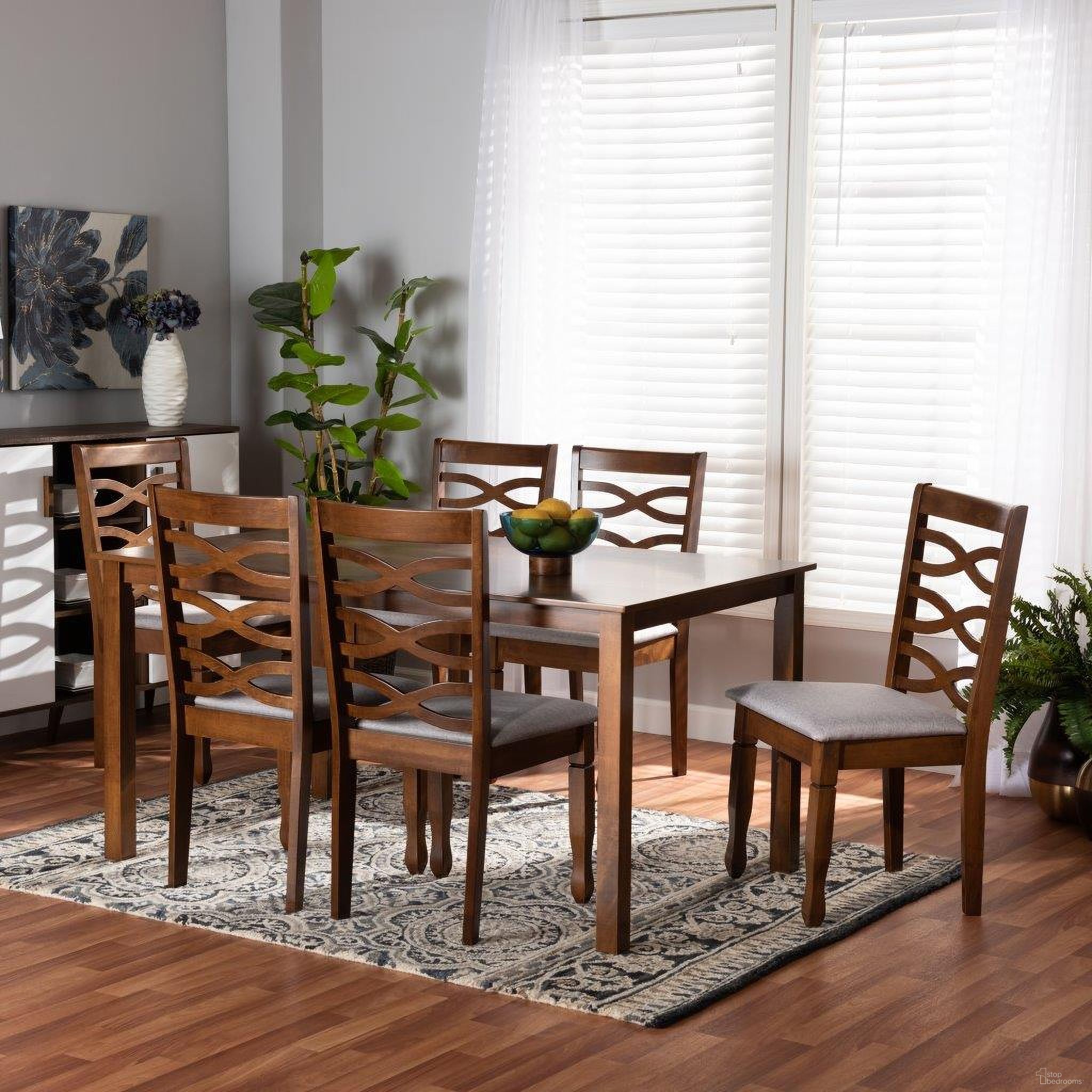 The appearance of Baxton Studio Lanier Modern And Contemporary Grey Fabric Upholstered And Walnut Brown Finished Wood 7-Piece Dining Set designed by Baxton Studio in the modern / contemporary interior design. This grey and walnut piece of furniture was selected by 1StopBedrooms from Lanier Collection to add a touch of cosiness and style into your home. Sku: RH318C-Grey/Walnut-7PC Dining Set. Material: Wood.