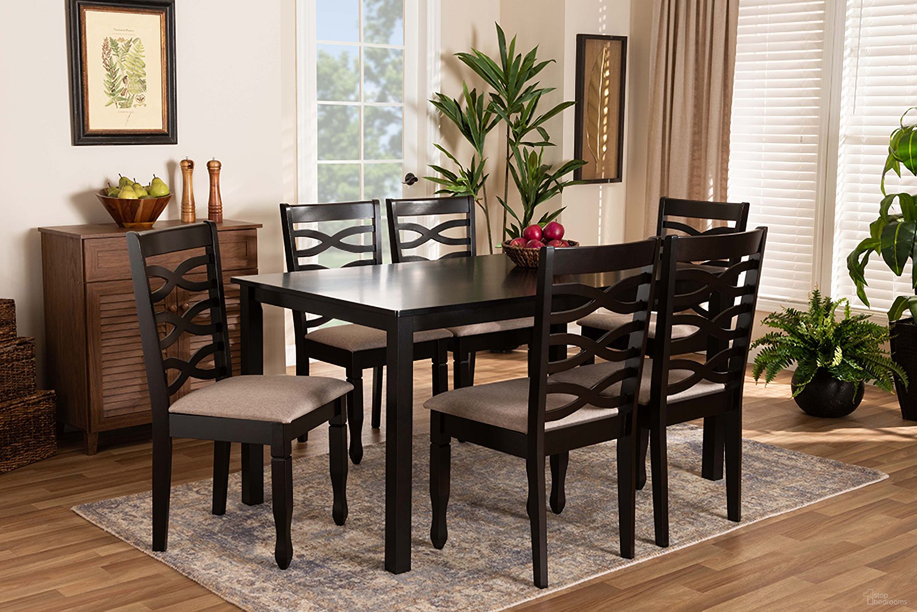 Baxton Studio Lanier Modern and Contemporary Sand Fabric Upholstered Dark Brown Finished Wood 7-Piece Dining Set