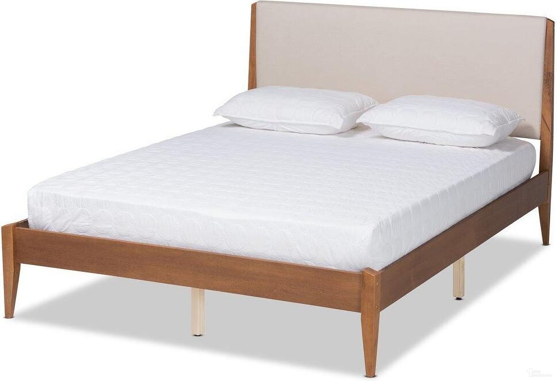 The appearance of Baxton Studio Lenora Mid Century Modern Beige Fabric Upholstered and Walnut Brown Finished Wood King Size Platform Bed designed by Baxton Studio in the transitional interior design. This beige and brown piece of furniture was selected by 1StopBedrooms from Lenora Collection to add a touch of cosiness and style into your home. Sku: MG0077S-Beige/Walnut-King. Bed Type: Platform Bed. Material: Polyester. Bed Size: King.