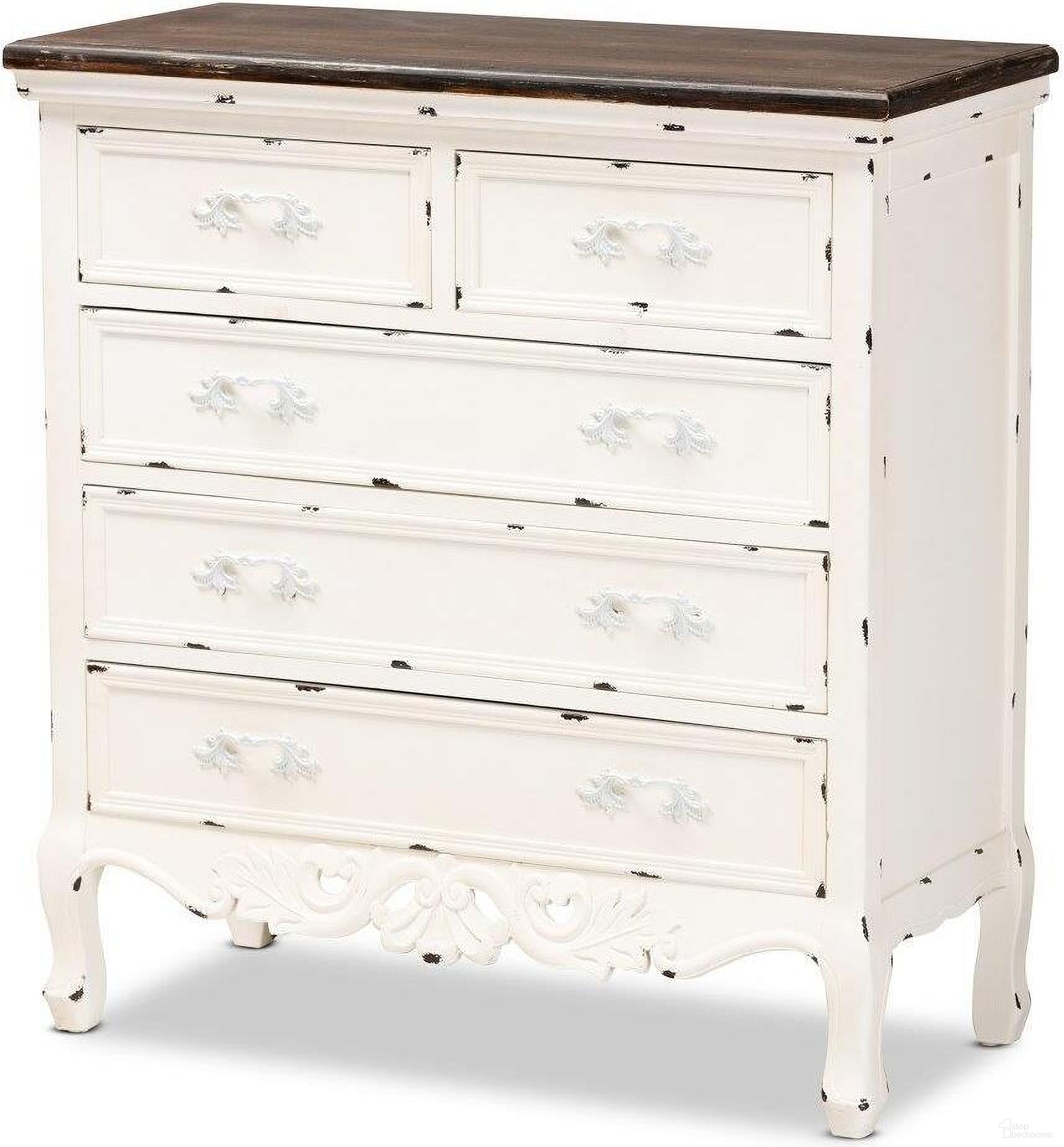 The appearance of Baxton Studio Levron Classic And Traditional Two-Tone Walnut Brown And Antique White Finished Wood 5-Drawer Storage Cabinet designed by Baxton Studio in the traditional interior design. This walnut brown piece of furniture  was selected by 1StopBedrooms from Levron Collection to add a touch of cosiness and style into your home. Sku: JY20B089-Antique White-5DW-Cabinet. Material: Wood.