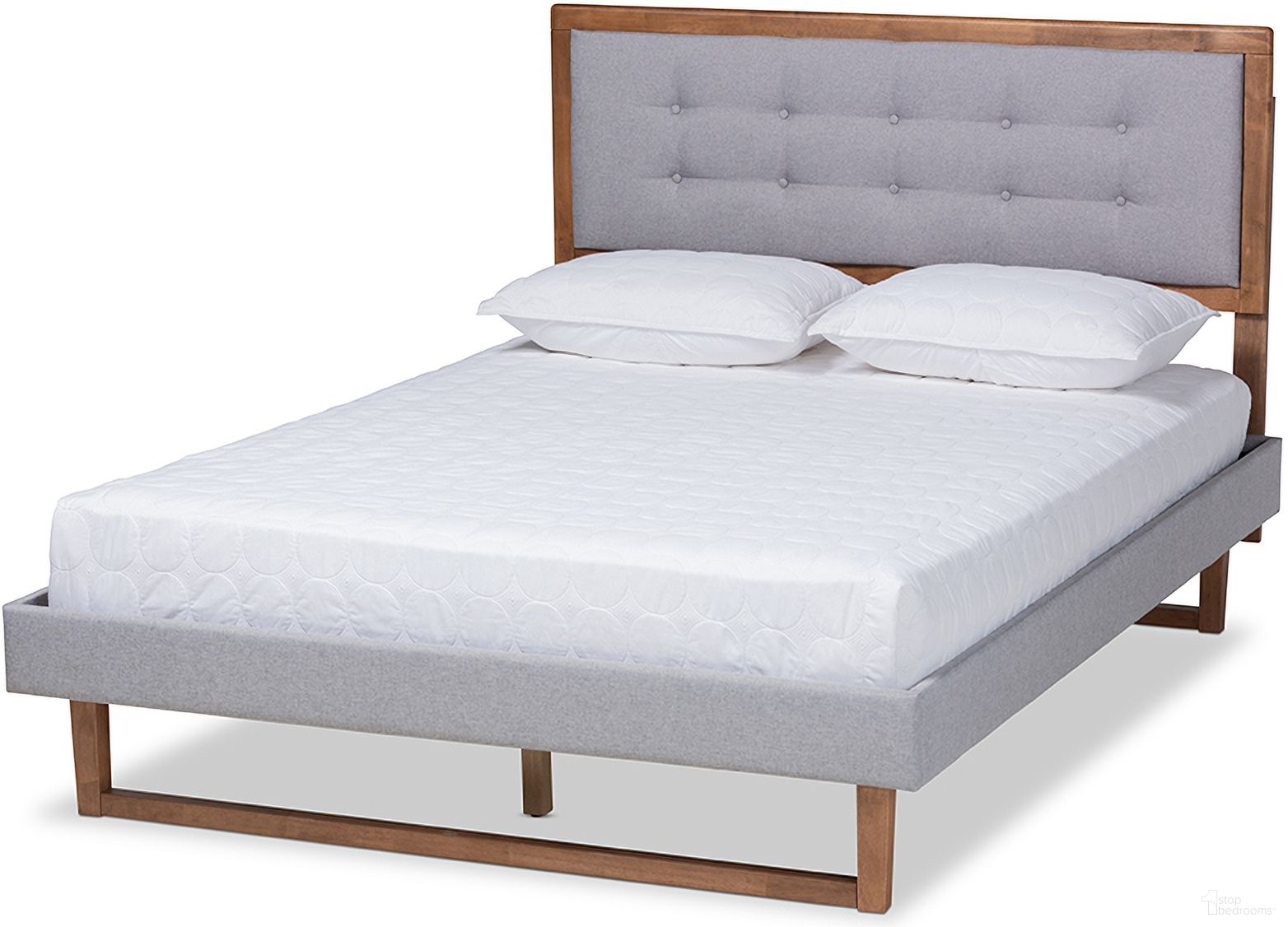 Baxton Studio Livinia Modern Transitional Light Grey Fabric Upholstered and Ash Walnut Brown Finished Wood Full Size Platform Bed