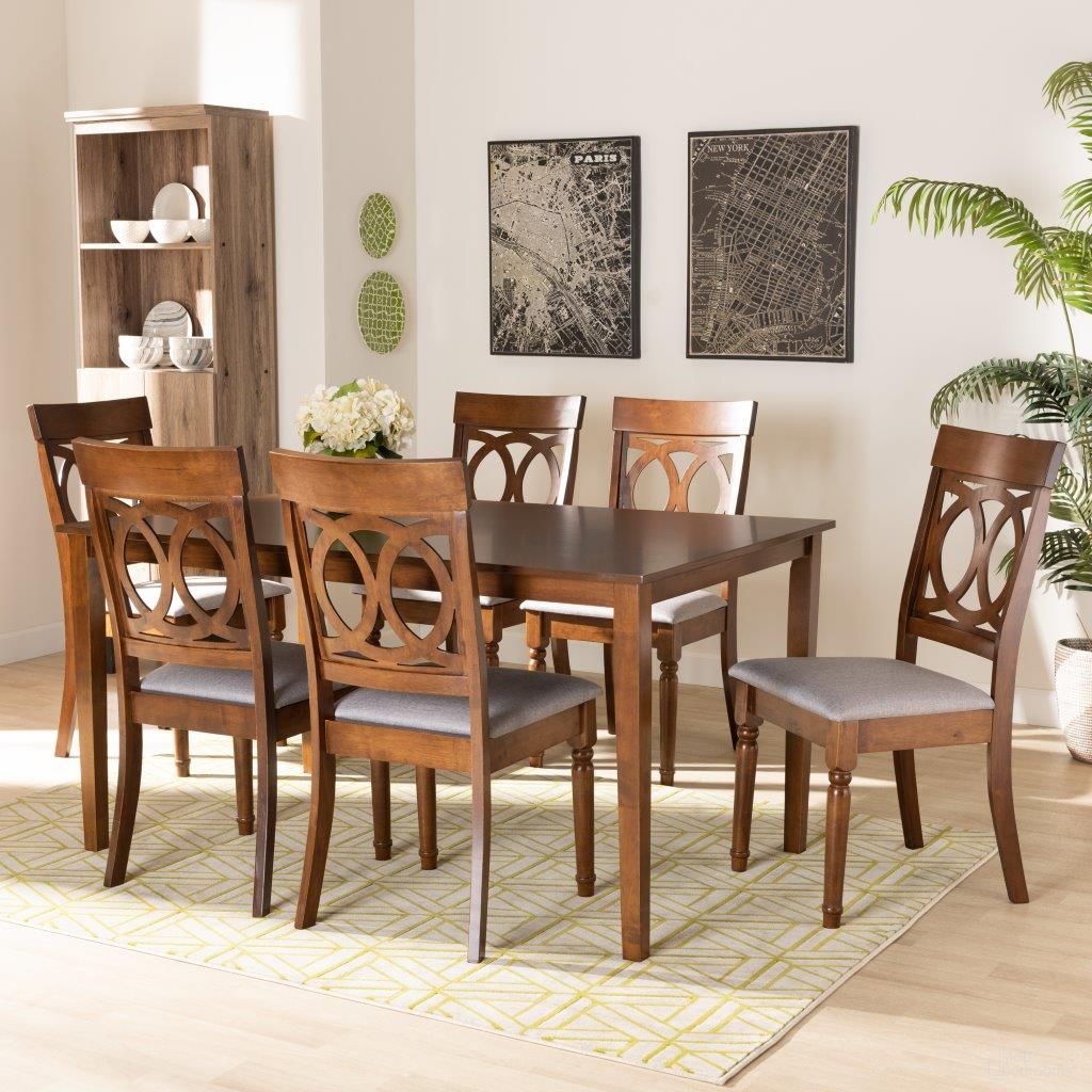 The appearance of Baxton Studio Lucie Modern And Contemporary Grey Fabric Upholstered And Walnut Brown Finished Wood 7 Piece Dining Set designed by Baxton Studio in the modern / contemporary interior design. This grey and walnut piece of furniture  was selected by 1StopBedrooms from Lucie Collection to add a touch of cosiness and style into your home. Sku: RH333C-Grey/Walnut-DC-7PC Dining Set. Material: Rubberwood.