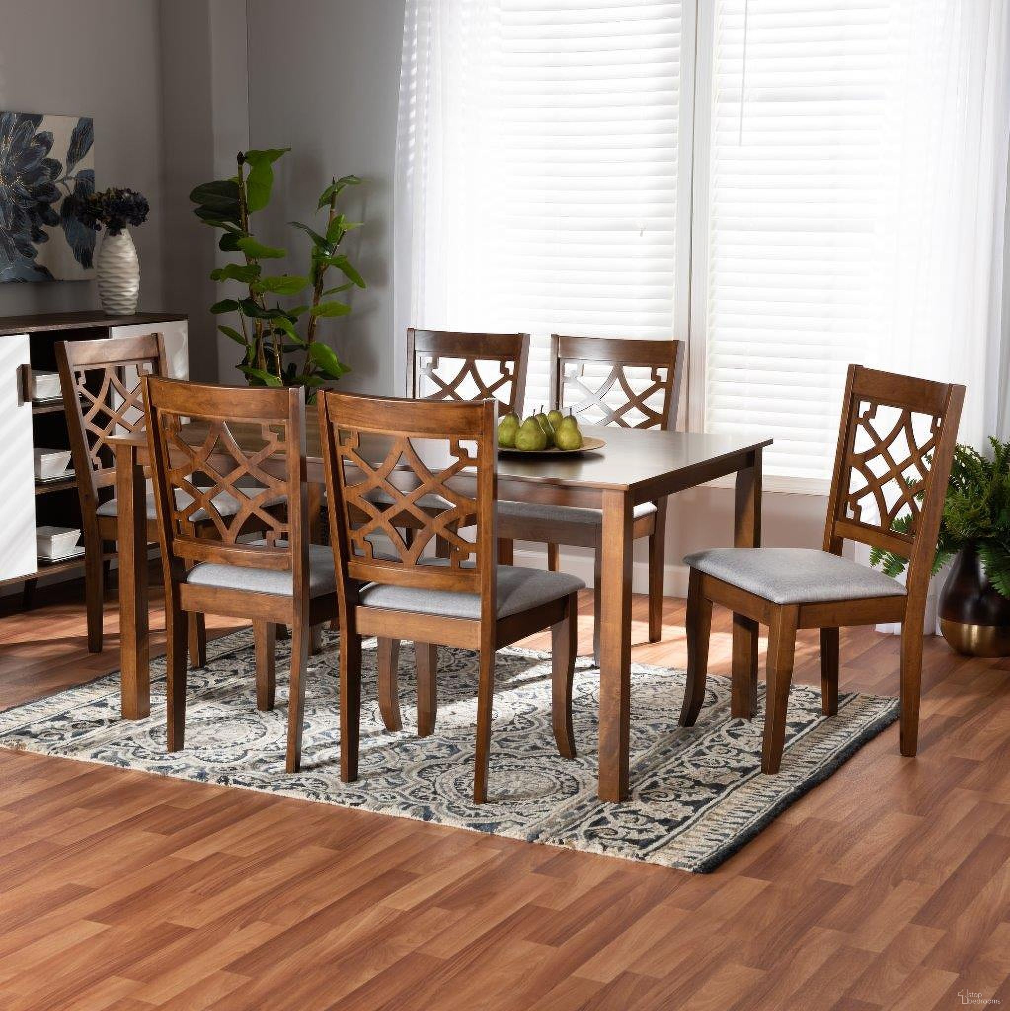 The appearance of Baxton Studio Mael Modern And Contemporary Grey Fabric Upholstered And Walnut Brown Finished Wood 7-Piece Dining Set designed by Baxton Studio in the modern / contemporary interior design. This grey and walnut piece of furniture was selected by 1StopBedrooms from Mael Collection to add a touch of cosiness and style into your home. Sku: RH331C-Grey/Walnut-7PC Dining Set. Material: Wood.