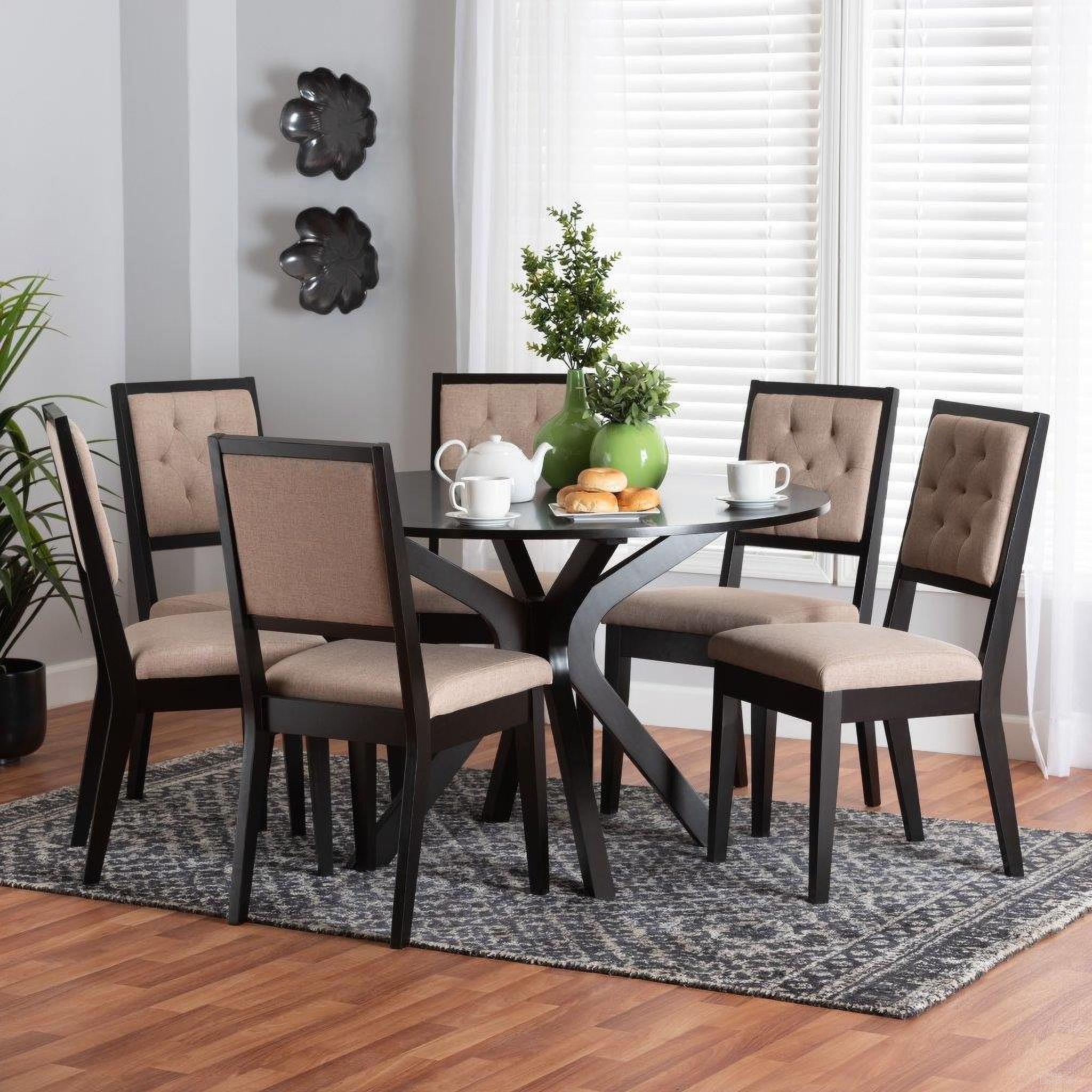 The appearance of Baxton Studio Mana Modern Sand Fabric And Dark Brown Finished Wood 7-Piece Dining Set designed by Baxton Studio in the modern / contemporary interior design. This beige and dark brown piece of furniture was selected by 1StopBedrooms from Mana Collection to add a touch of cosiness and style into your home. Sku: Mana-Sand/Dark Brown-7PC Dining Set. Material: Rubberwood.