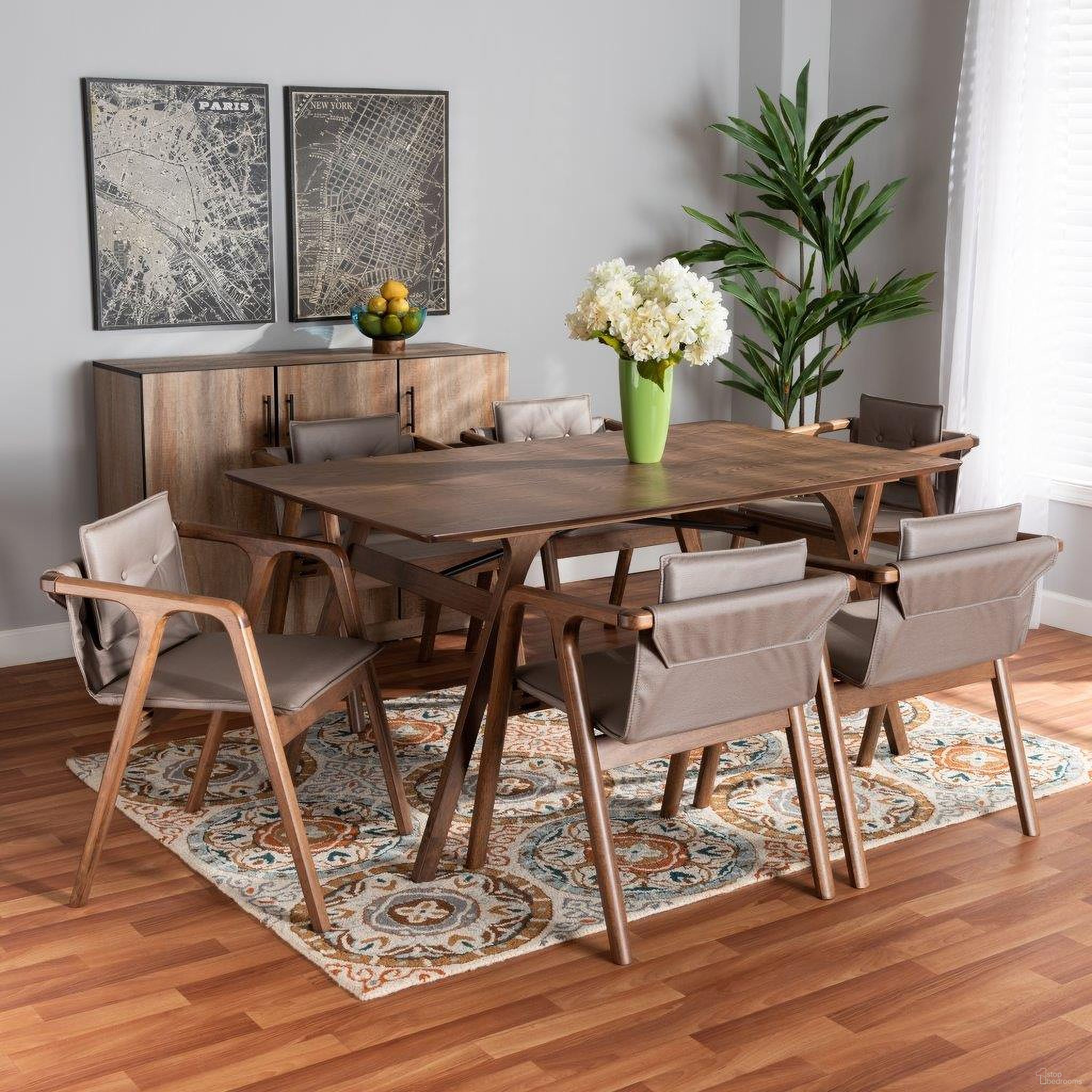 The appearance of Baxton Studio Marcena Mid-Century Modern Grey Imitation Leather Upholstered and Walnut Brown Finished Wood 7-Piece Dining Set designed by Baxton Studio in the transitional interior design. This grey and walnut piece of furniture was selected by 1StopBedrooms from Marcena Collection to add a touch of cosiness and style into your home. Sku: RDC828-Grey/Walnut-7PC Dining Set. Material: Fabric.