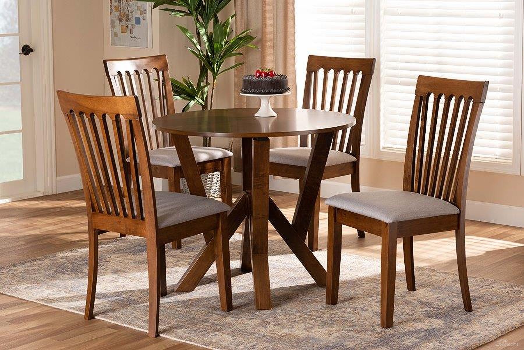 The appearance of Baxton Studio Marian Modern and Contemporary Grey Fabric Upholstered and Walnut Brown Finished Wood 5-Piece Dining Set designed by Baxton Studio in the modern / contemporary interior design. This grey and walnut piece of furniture was selected by 1StopBedrooms from Marian Collection to add a touch of cosiness and style into your home. Sku: Marian-Grey/Walnut-5PC Dining Set. Material: Wood.