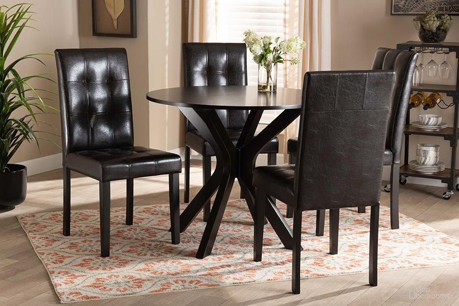 The appearance of Marie Modern and Contemporary Dark Brown Faux Leather Upholstered And Wood 5-Piece Dining Set designed by Baxton Studio in the modern / contemporary interior design. This dark brown and espresso brown piece of furniture was selected by 1StopBedrooms from Marie Collection to add a touch of cosiness and style into your home. Sku: Marie-Dark Brown-5PC Dining Set. Material: Faux Leather.