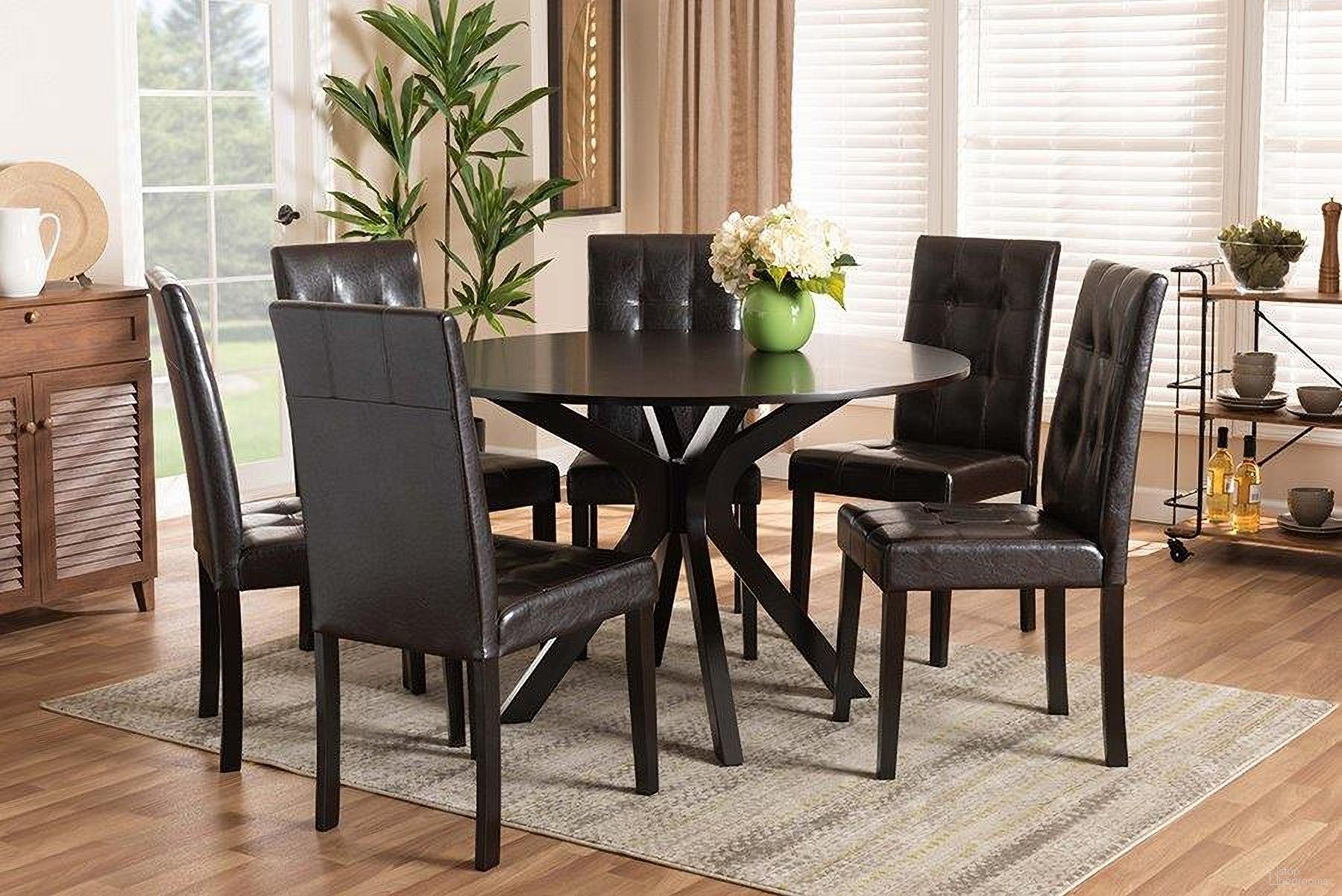 The appearance of Marie Modern and Contemporary Dark Brown Faux Leather Upholstered and Wood 7-Piece Dining Set designed by Baxton Studio in the modern / contemporary interior design. This dark brown and espresso brown piece of furniture was selected by 1StopBedrooms from Marie Collection to add a touch of cosiness and style into your home. Sku: Marie-Dark Brown-7PC Dining Set. Material: Faux Leather.