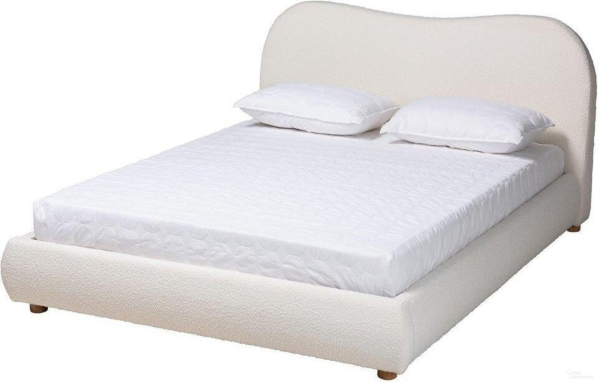 Baxton Studio Maya Mid Century Modern Cream Boucle Fabric and Oak Brown Finished Wood Queen Size Platform Bed
