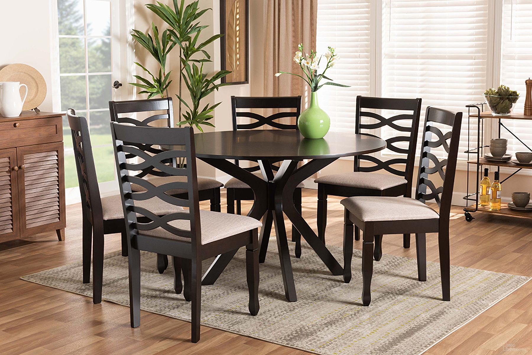 Baxton Studio Mila Modern and Contemporary Sand Fabric Upholstered Dark Brown Finished Wood 7-Piece Dining Set