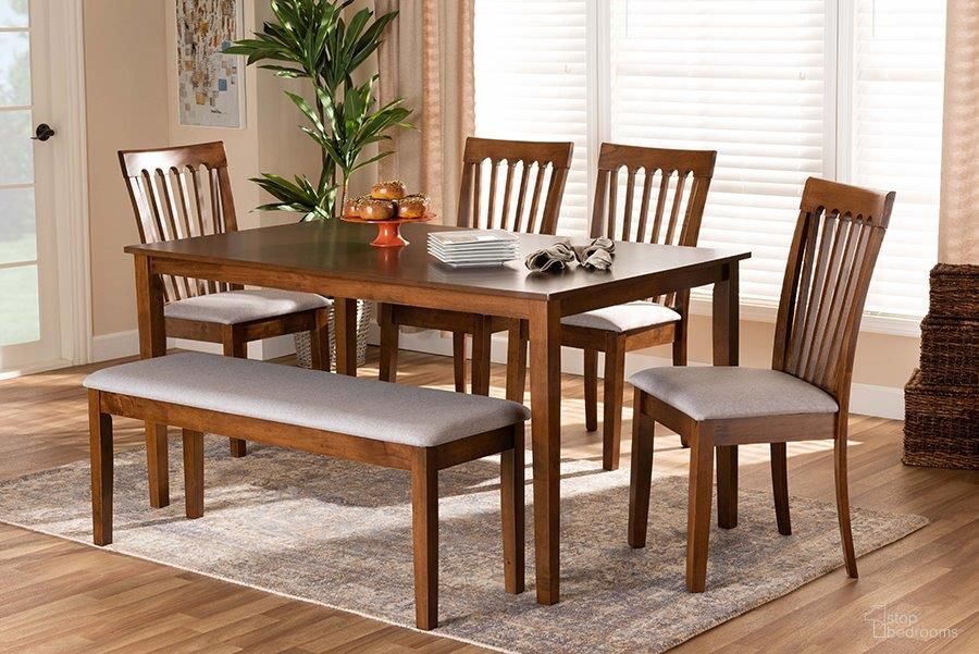 The appearance of Baxton Studio Minette Modern and Contemporary Grey Fabric Upholstered and Walnut Brown Finished Wood 6-Piece Dining Set designed by Baxton Studio in the modern / contemporary interior design. This grey and walnut piece of furniture was selected by 1StopBedrooms from Minette Collection to add a touch of cosiness and style into your home. Sku: RH319C-Grey/Walnut-6PC Dining Set. Material: Wood.
